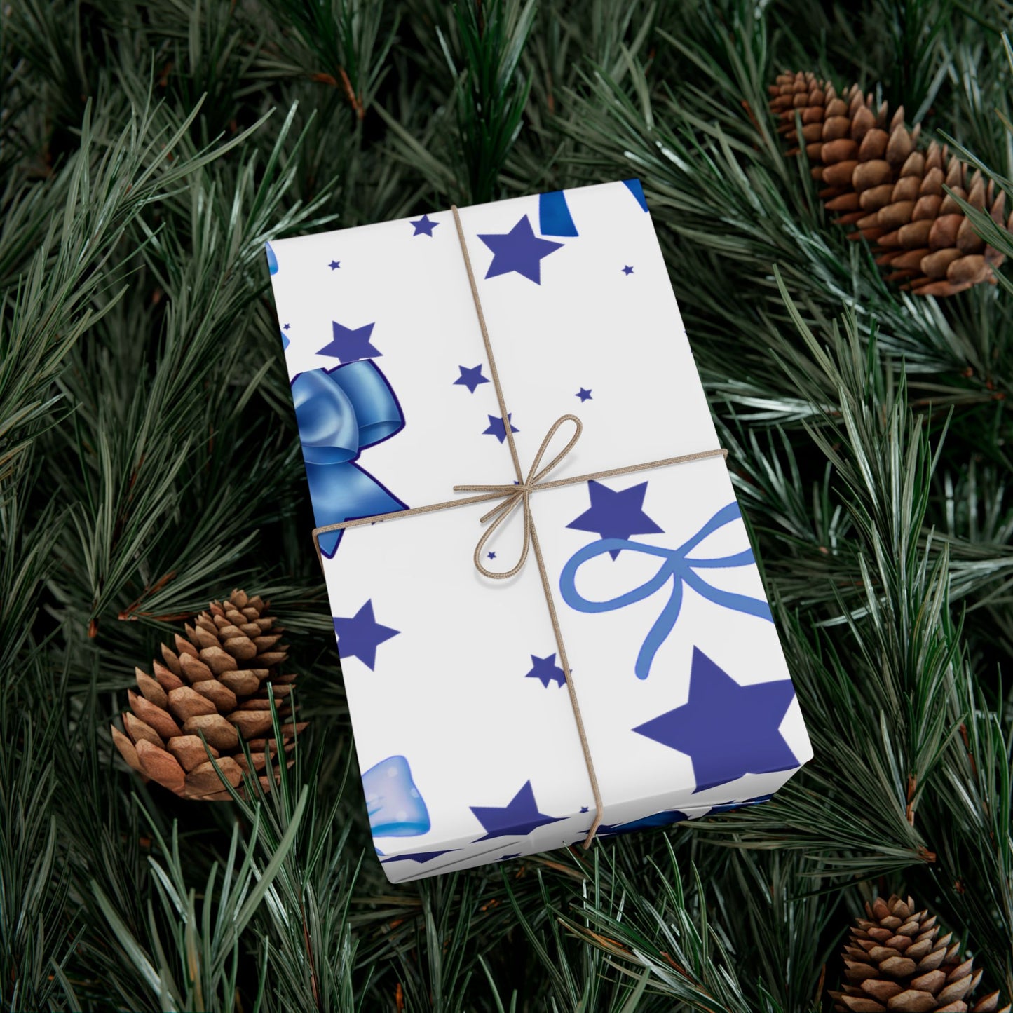 Blue Bow & Stars Gift Wrap Paper — Holiday Wrapping for Birthdays, Baby Showers & Christmas