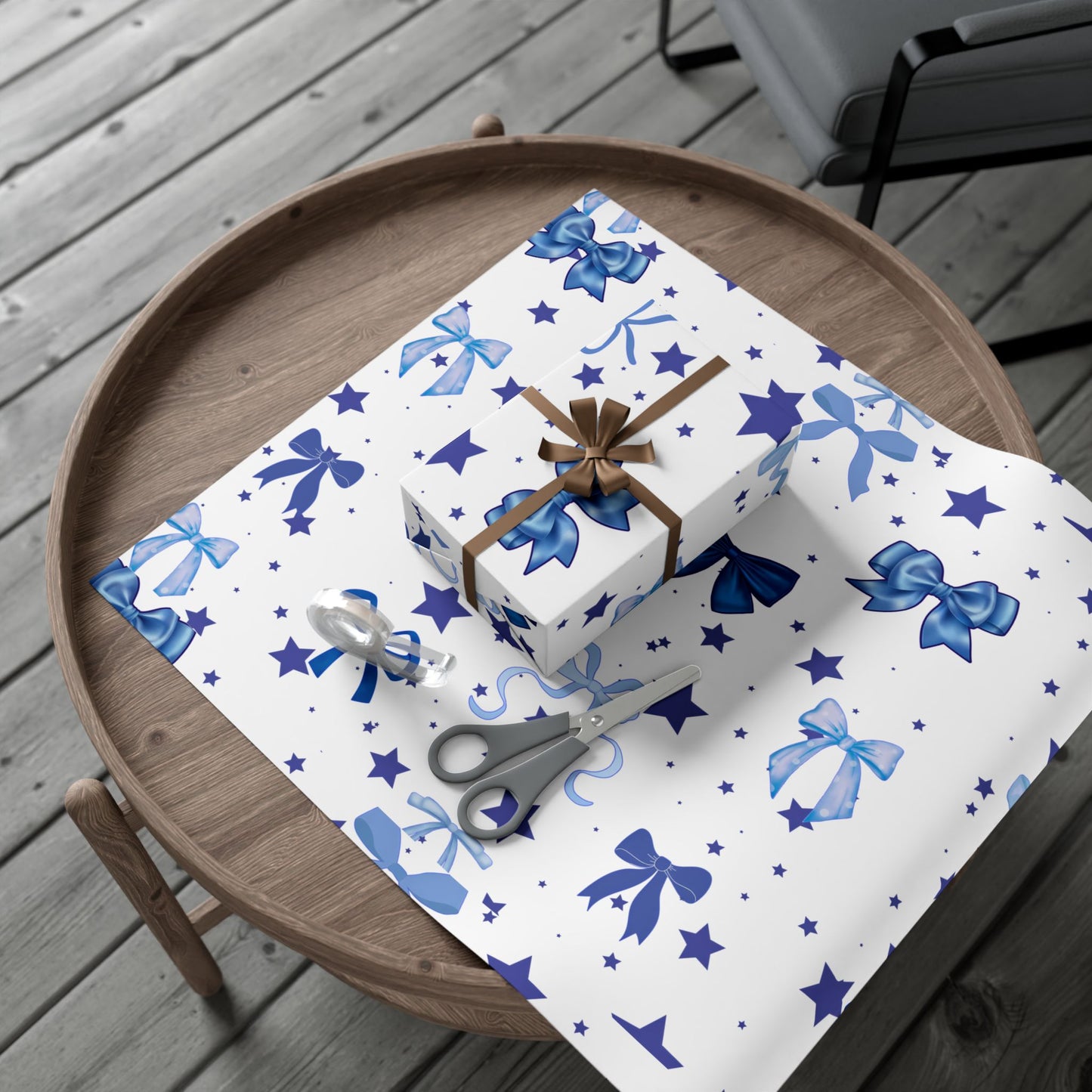 Blue Bow & Stars Gift Wrap Paper — Holiday Wrapping for Birthdays, Baby Showers & Christmas