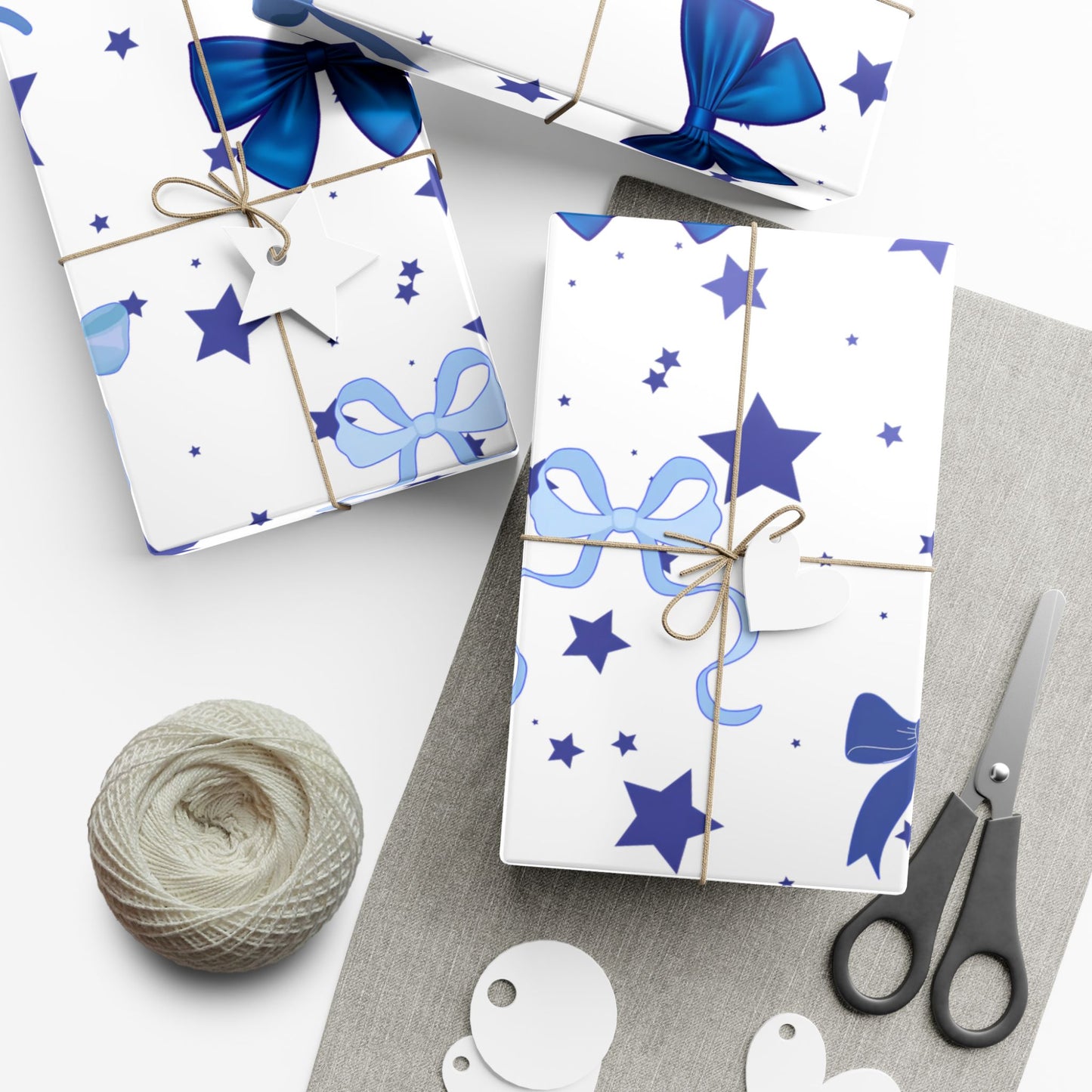 Blue Bow & Stars Gift Wrap Paper — Holiday Wrapping for Birthdays, Baby Showers & Christmas