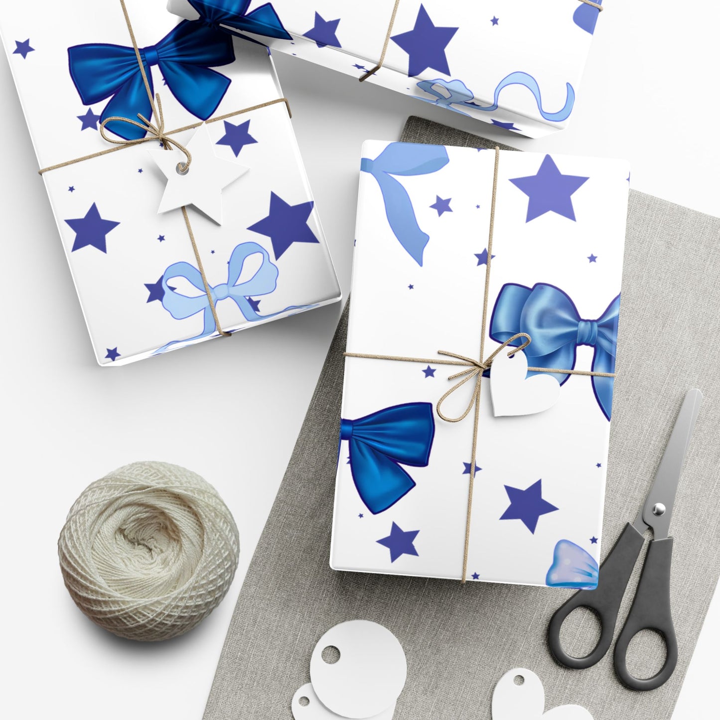 Blue Bow & Stars Gift Wrap Paper — Holiday Wrapping for Birthdays, Baby Showers & Christmas