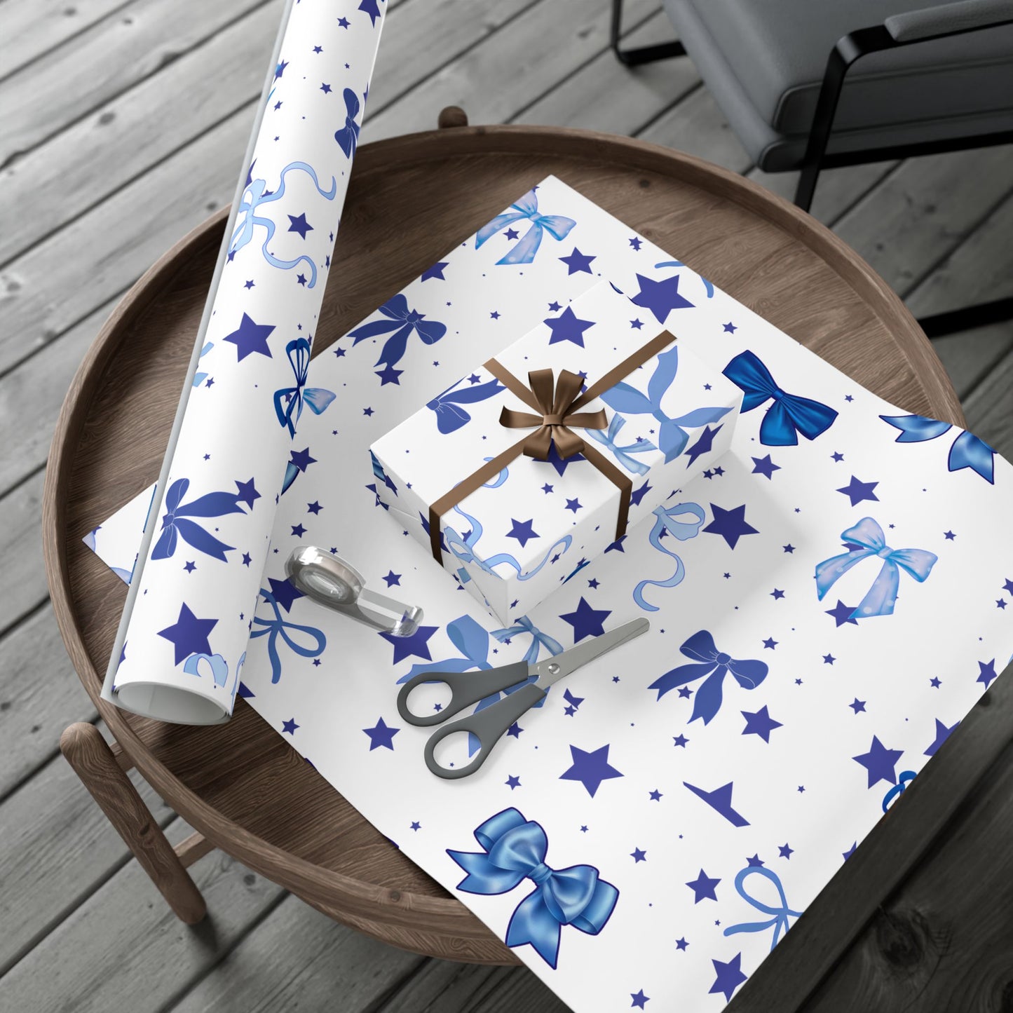 Blue Bow & Stars Gift Wrap Paper — Holiday Wrapping for Birthdays, Baby Showers & Christmas