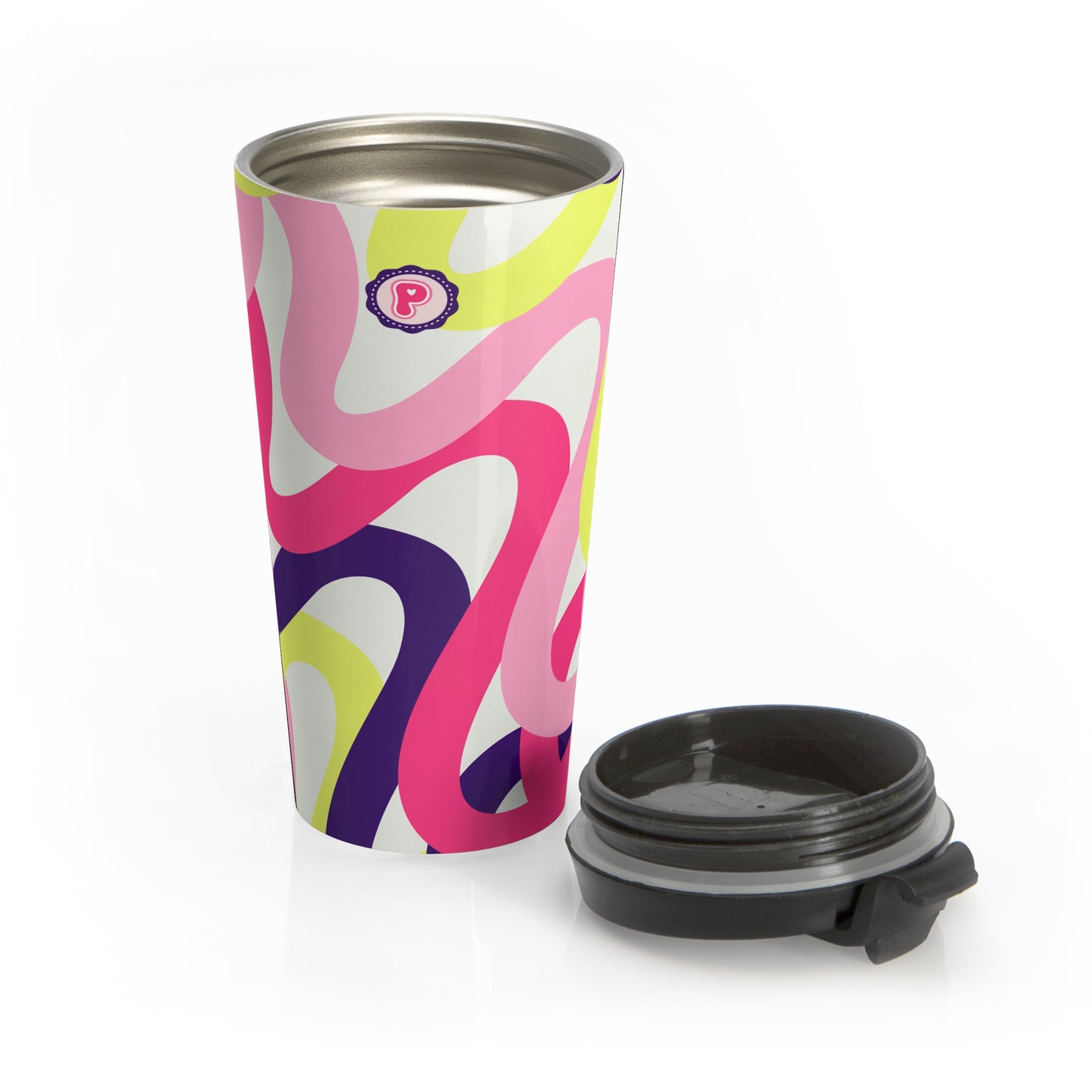 Abstract Retro Swirl Travel Mug — Pink, Purple & Neon Yellow Stainless Steel Tumbler