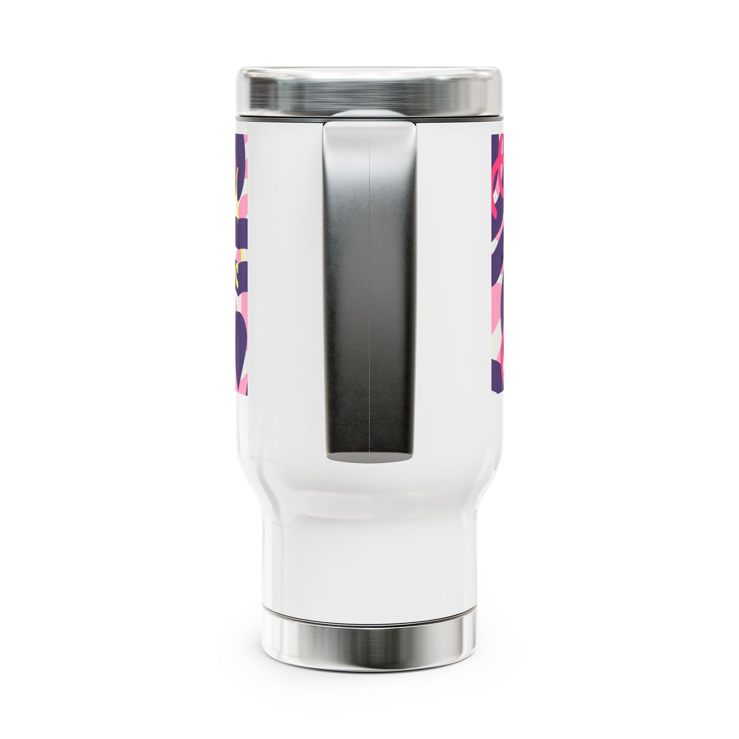 Abstract Pink Swirl Travel Mug — 14oz Stainless Steel Tumbler with Handle