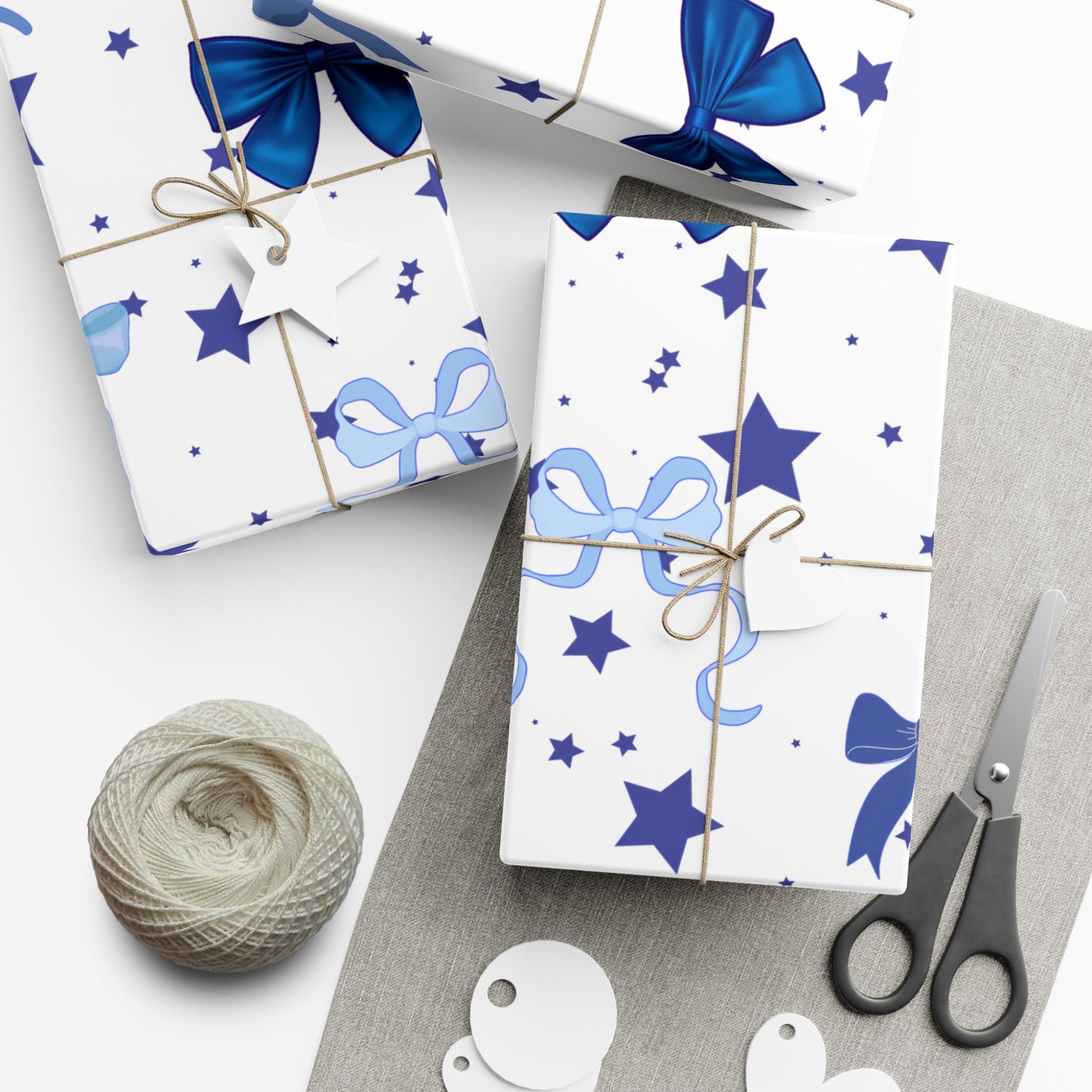 Blue Bow & Stars Gift Wrap Paper — Holiday Wrapping for Birthdays, Baby Showers & Christmas