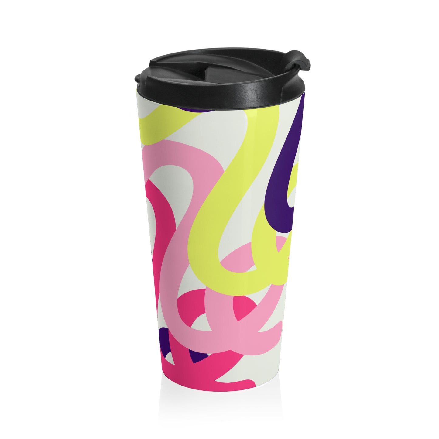 Abstract Retro Swirl Travel Mug — Pink, Purple & Neon Yellow Stainless Steel Tumbler