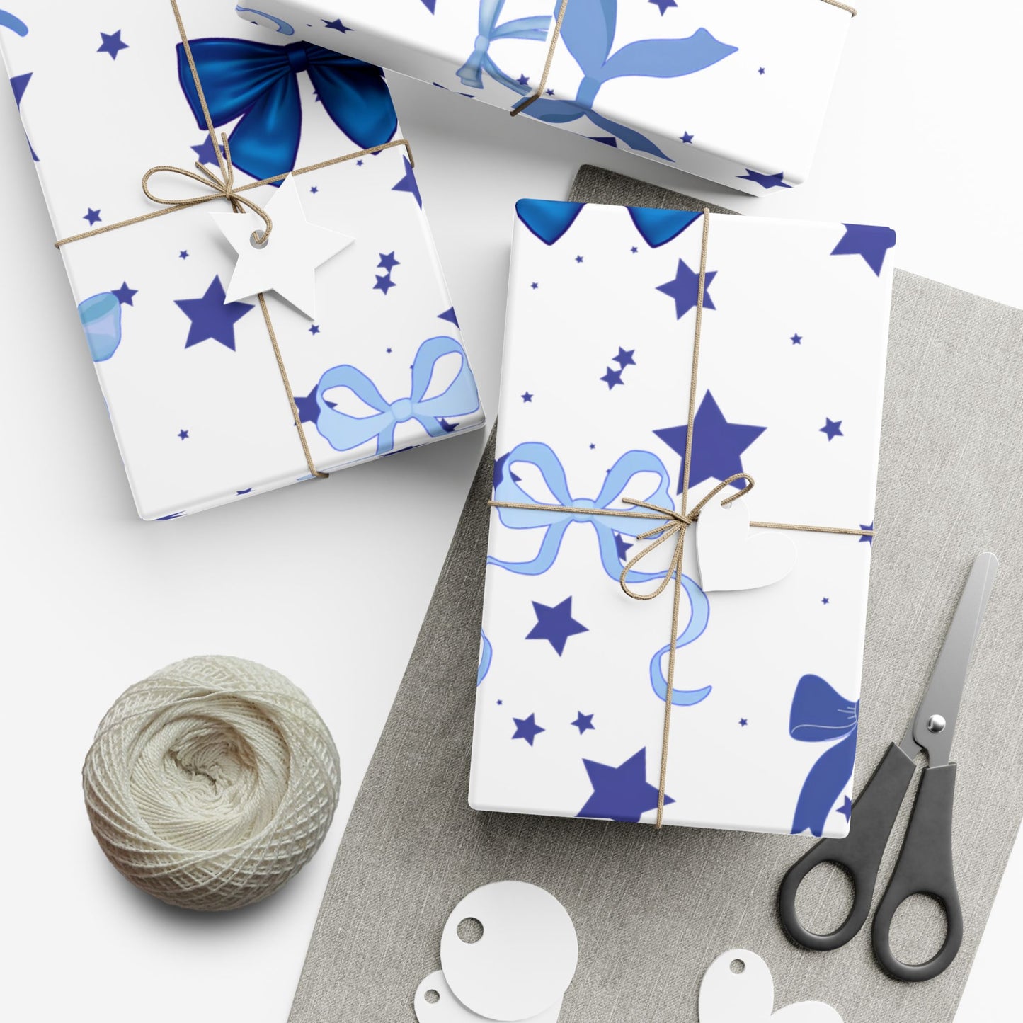 Blue Bow & Stars Gift Wrap Paper — Holiday Wrapping for Birthdays, Baby Showers & Christmas
