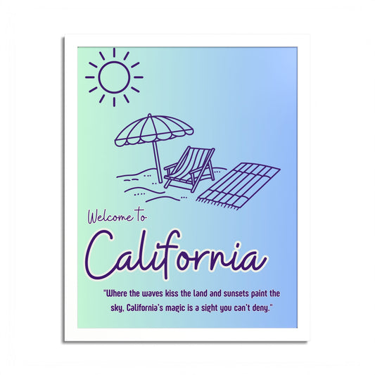 California Beach Poster — "Welcome to California" Colored Frame Art Print