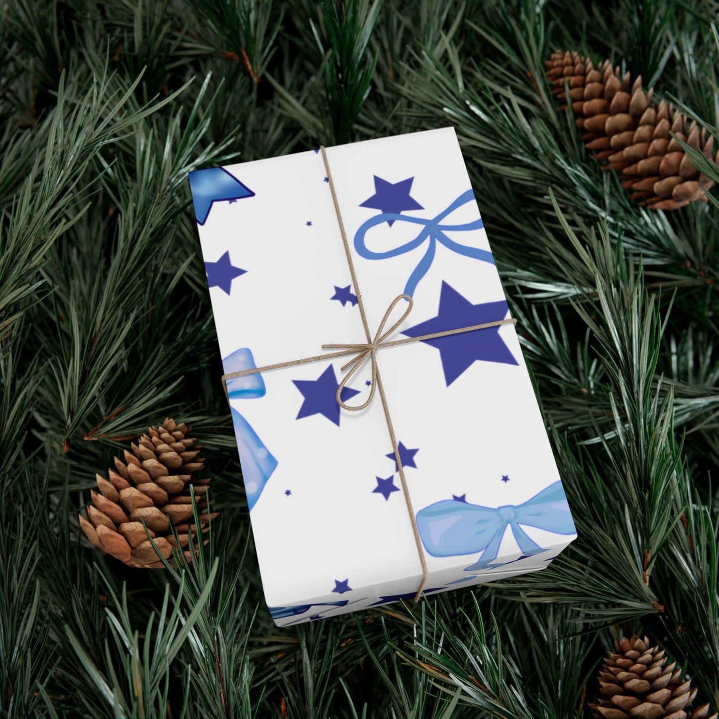 Blue Bow & Stars Gift Wrap Paper — Holiday Wrapping for Birthdays, Baby Showers & Christmas