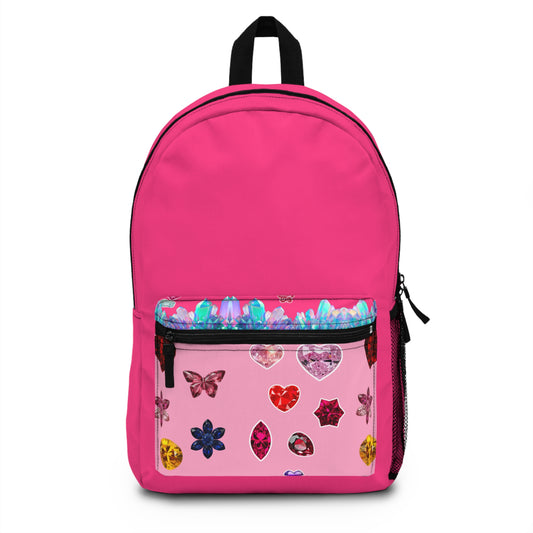 Pink Gemstone Hearts Kids Backpack — Cute Butterfly & Jewel Print School Bag