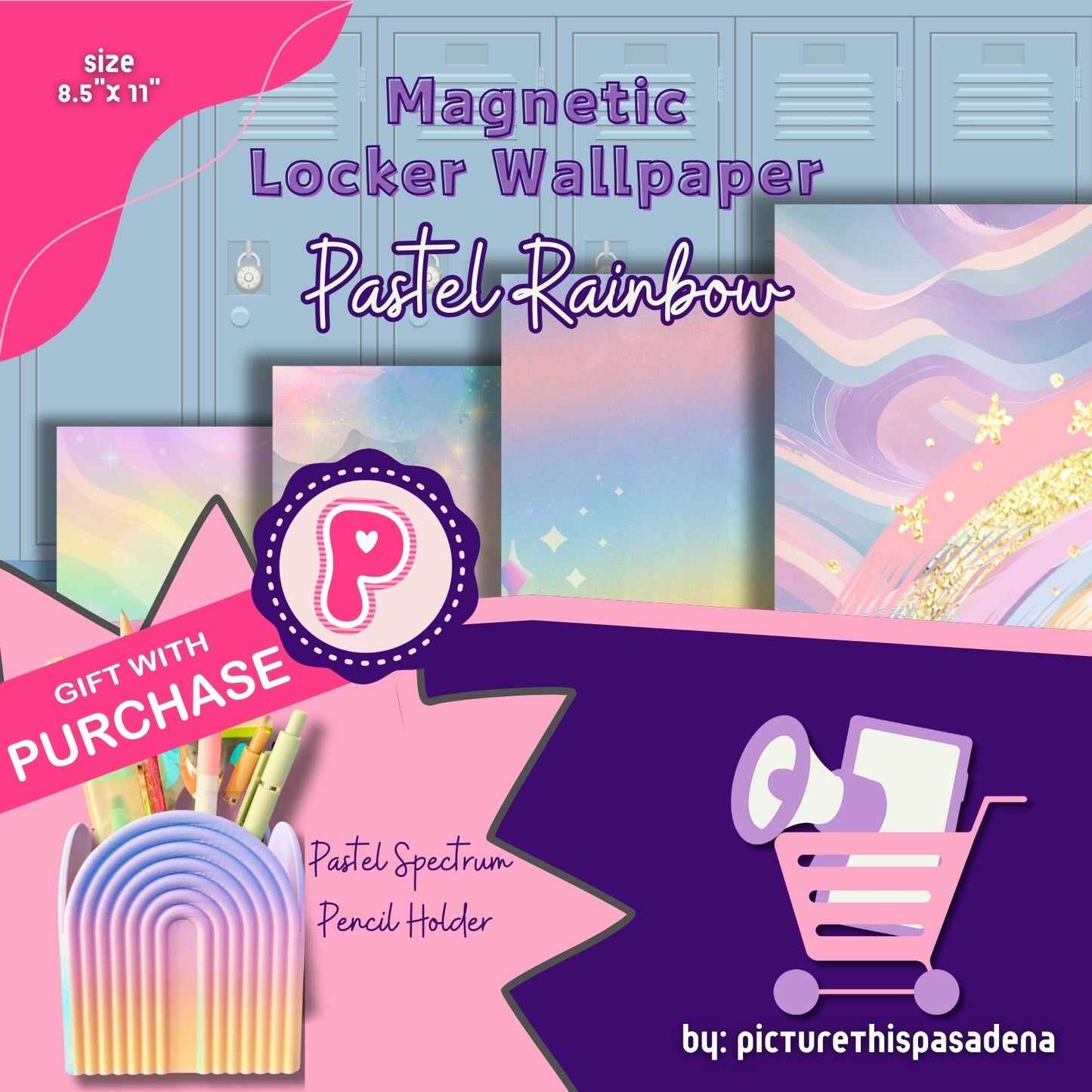 Magnetic Locker Wallpaper - Pastel Rainbow - Includes Matching Pencil Cup