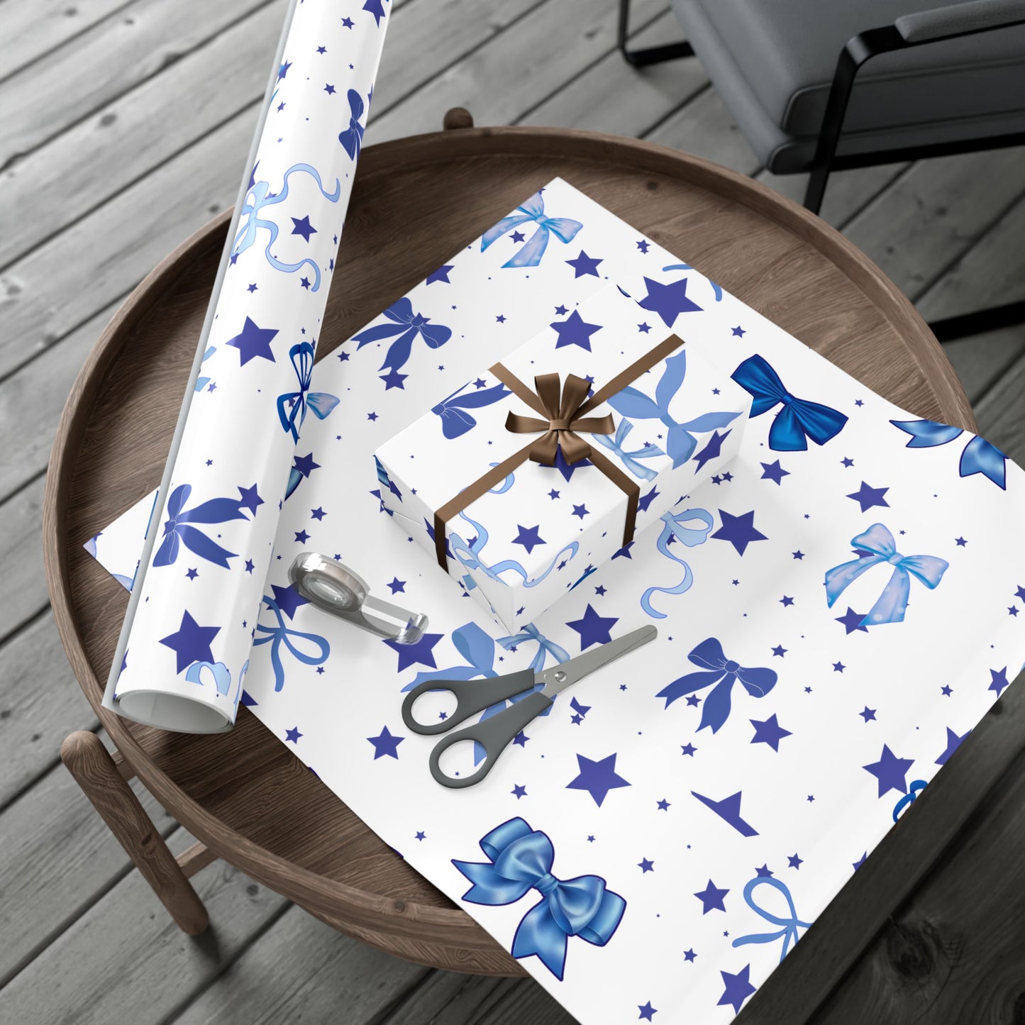 Blue Bow & Stars Gift Wrap Paper — Holiday Wrapping for Birthdays, Baby Showers & Christmas