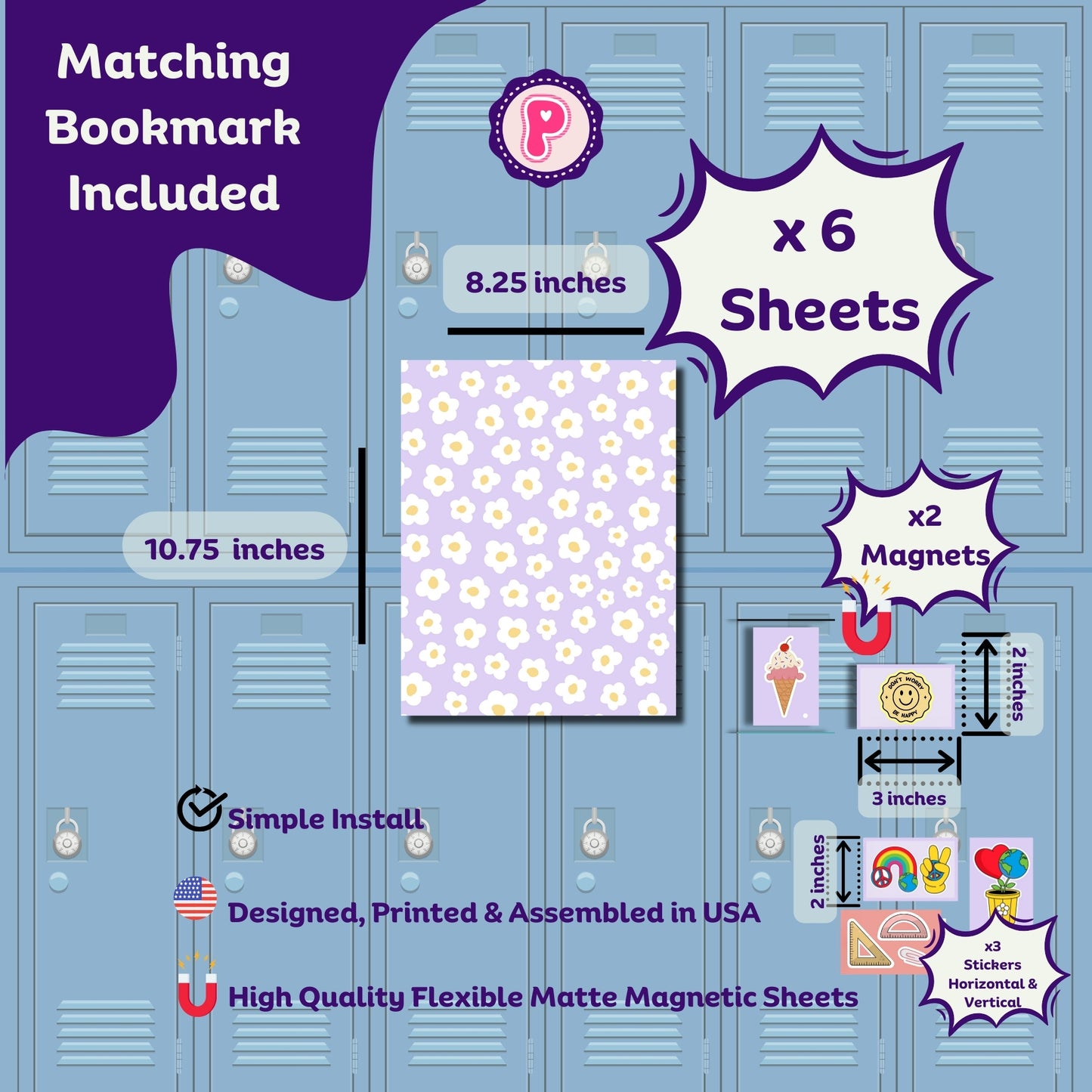 Locker Set - Magnetic Wallpaper / Individual Magnets / Matching Bookmark and Stickers