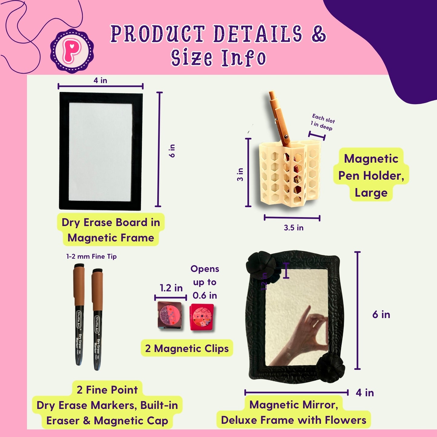 Magnetic Locker Accessories - Dry Erase Board, Locker Mirror, Magnetic Pen Holder, Locker Decorations for School, Locker, Back to School Essentials - Pink, White or Black