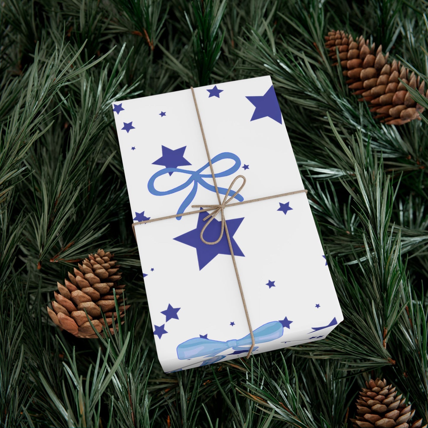 Blue Bow & Stars Gift Wrap Paper — Holiday Wrapping for Birthdays, Baby Showers & Christmas