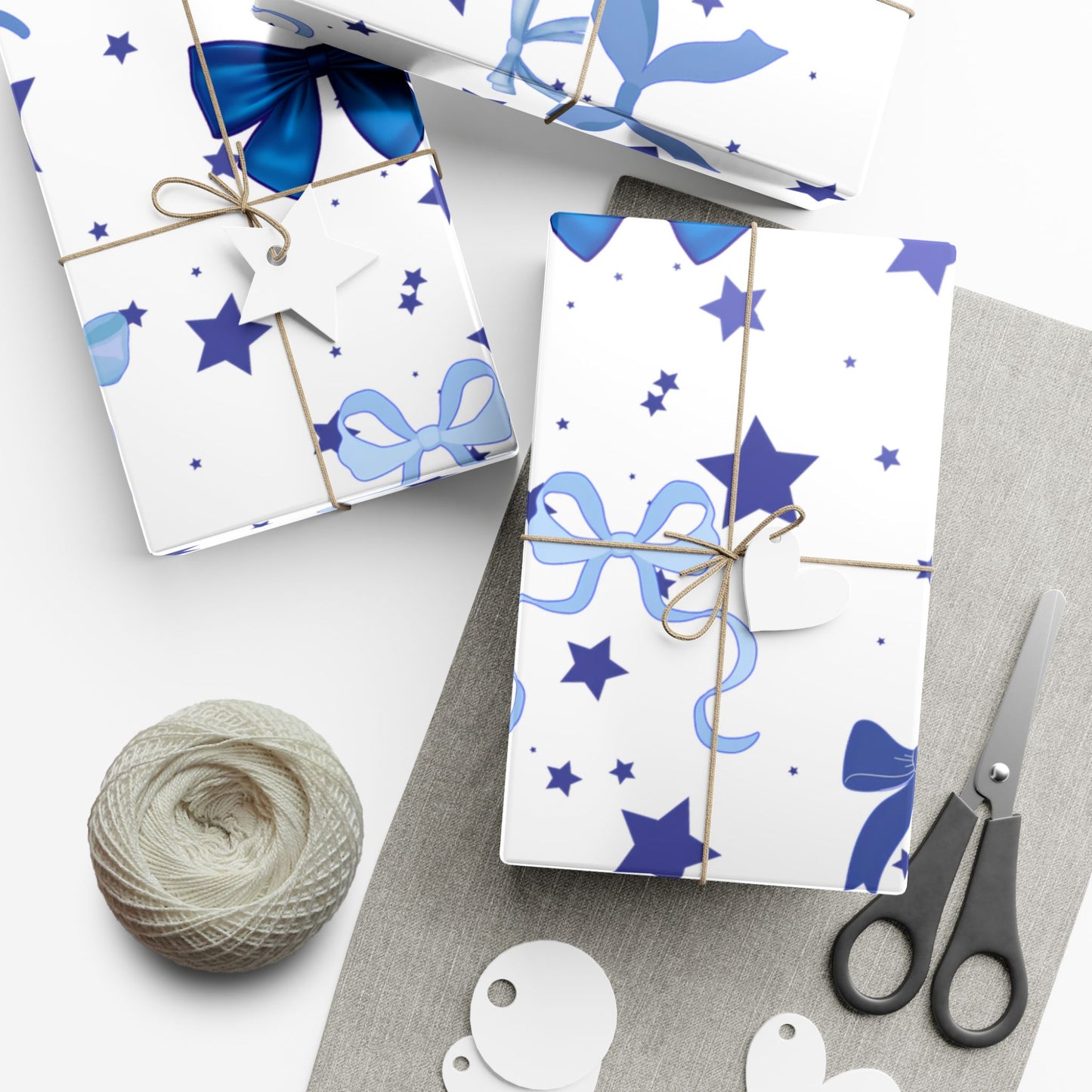 Blue Bow & Stars Gift Wrap Paper — Holiday Wrapping for Birthdays, Baby Showers & Christmas
