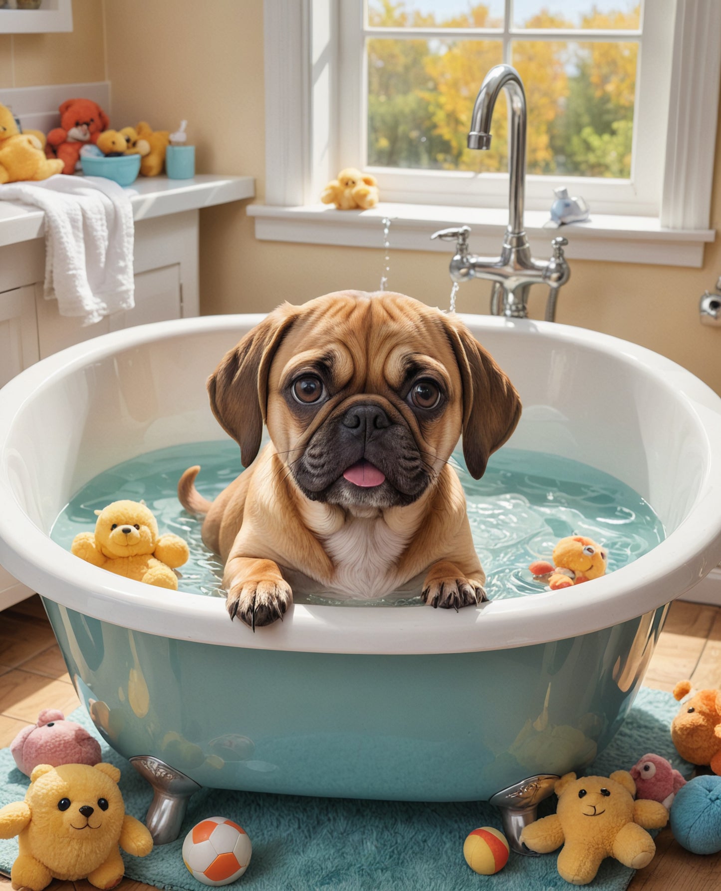 Puggle Dog In Bubble Bath Wall Art, Puggle Bathroom Art, Dog In a Bathtub Wall Art