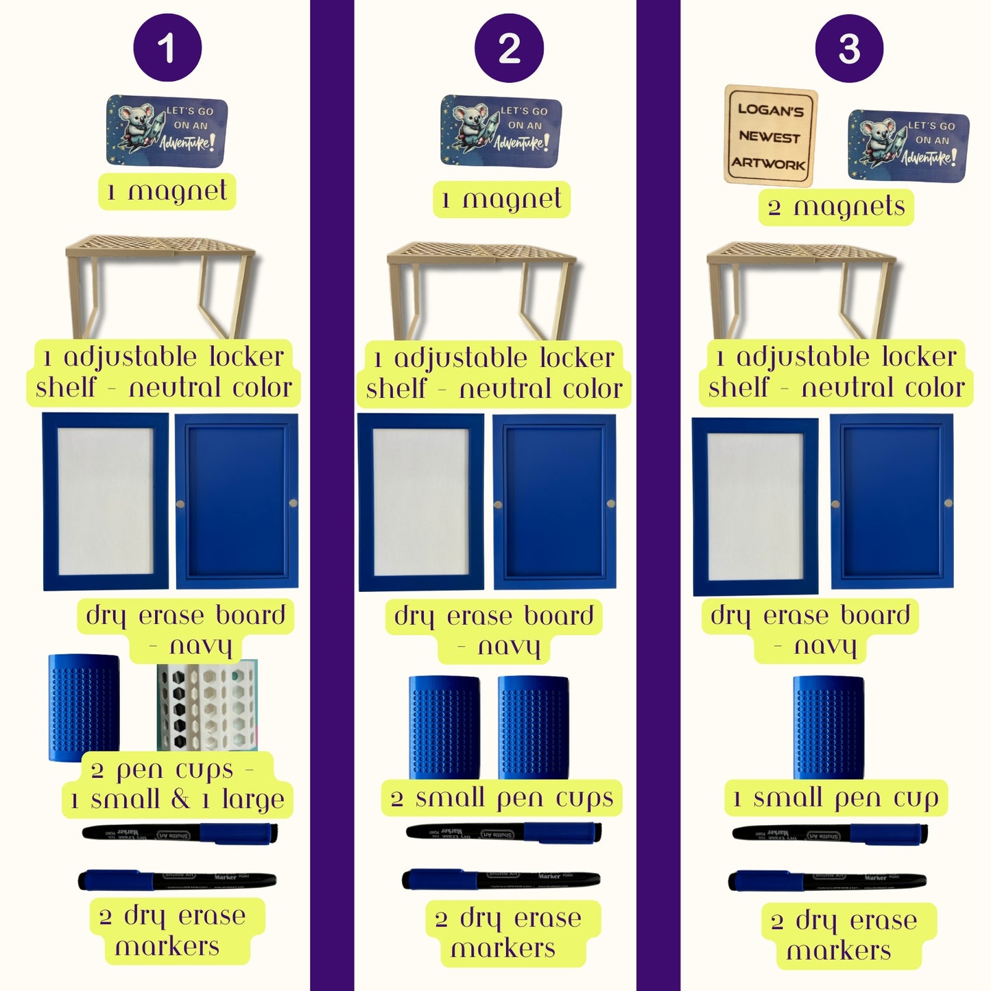 7 Piece Locker Organizer Kit Includes Adjustable Locker Shelf Dry Erase Board 2 Storage Cups and 2 Dry Erase Markers Navy Blue