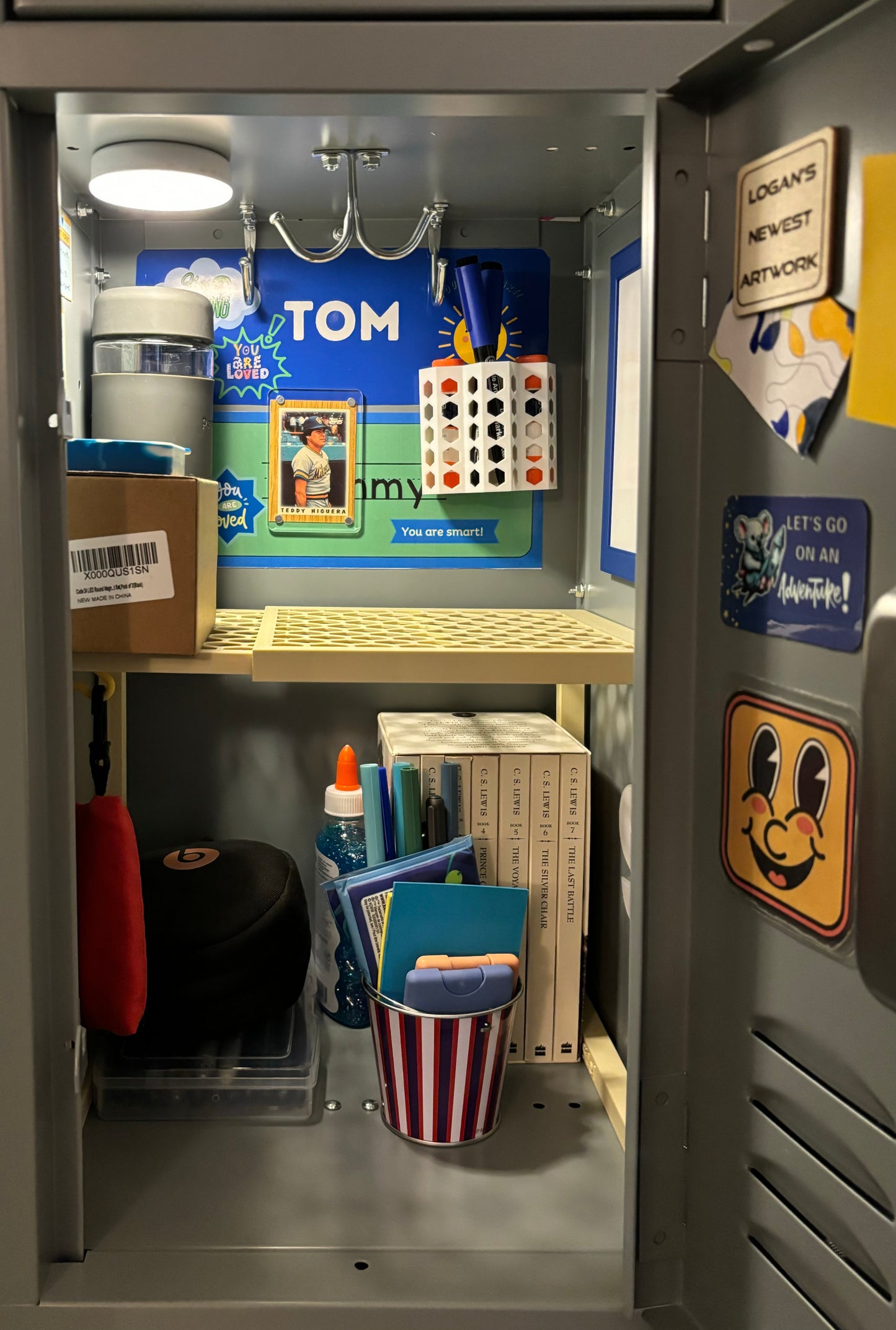 7 Piece Locker Organizer Kit Includes Adjustable Locker Shelf Dry Erase Board 2 Storage Cups and 2 Dry Erase Markers Navy Blue