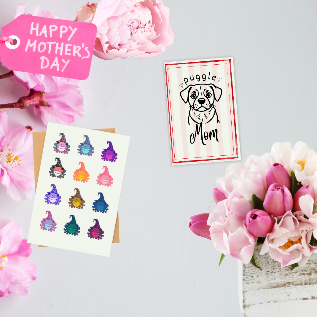 Blank Note Card - Puggle Mom, Wine or Frogs | With Envelope or Magnetic Frame