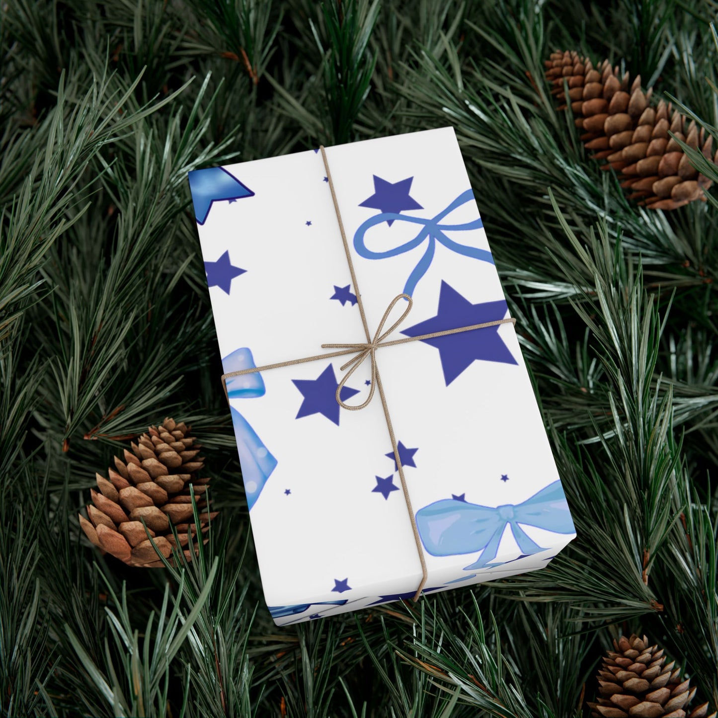 Blue Bow & Stars Gift Wrap Paper — Holiday Wrapping for Birthdays, Baby Showers & Christmas