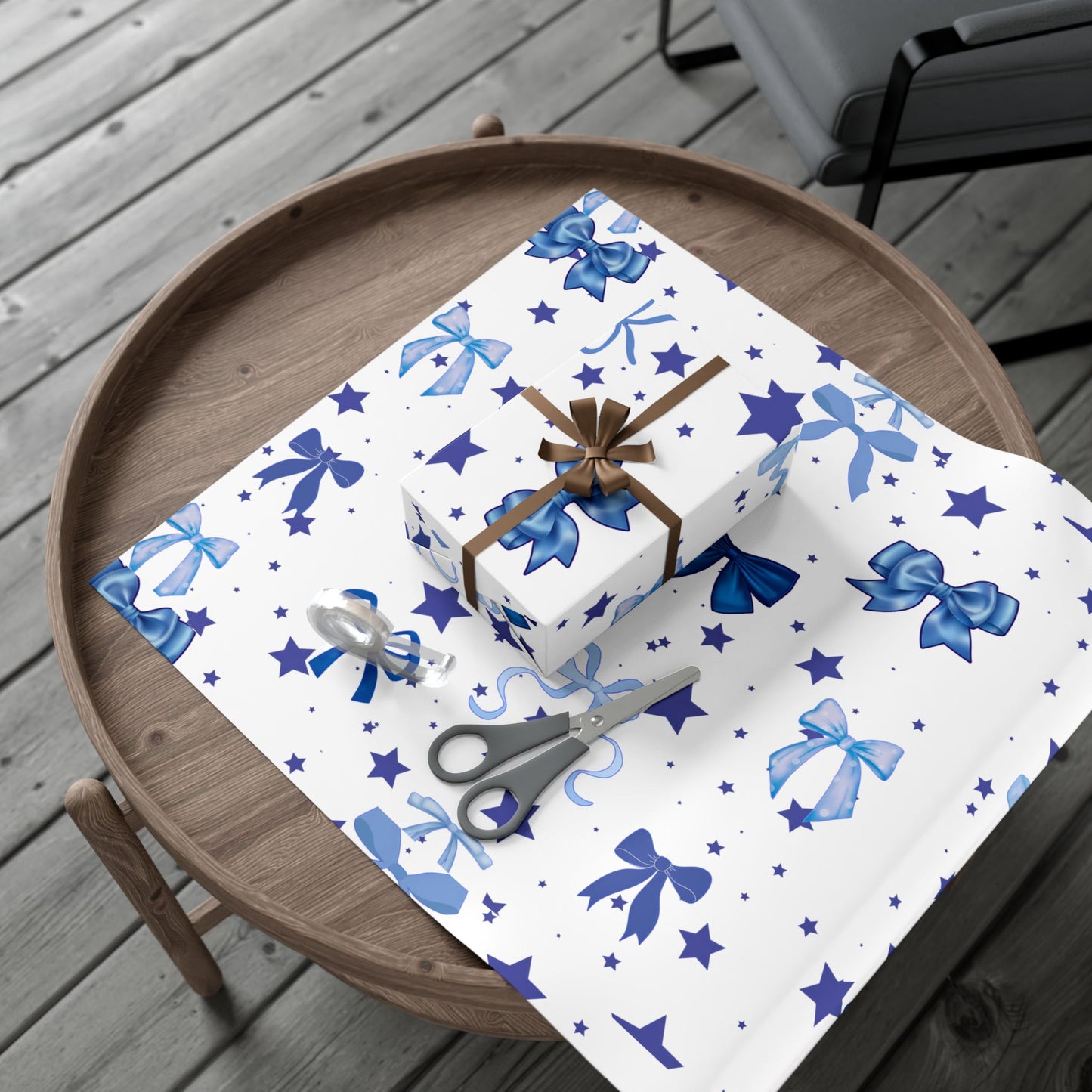 Blue Bow & Stars Gift Wrap Paper — Holiday Wrapping for Birthdays, Baby Showers & Christmas