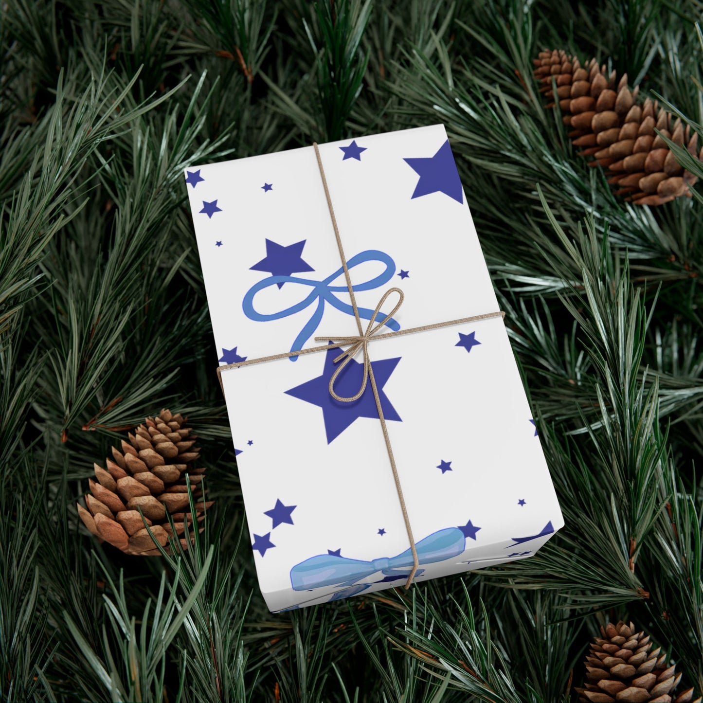 Blue Bow & Stars Gift Wrap Paper — Holiday Wrapping for Birthdays, Baby Showers & Christmas