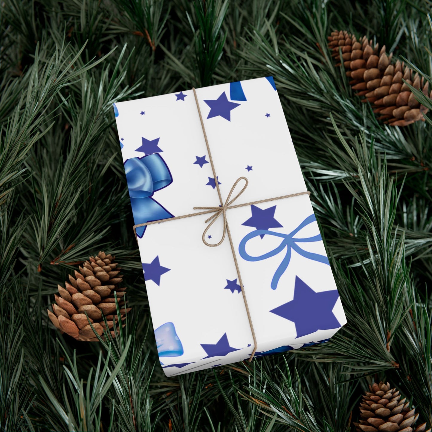 Blue Bow & Stars Gift Wrap Paper — Holiday Wrapping for Birthdays, Baby Showers & Christmas