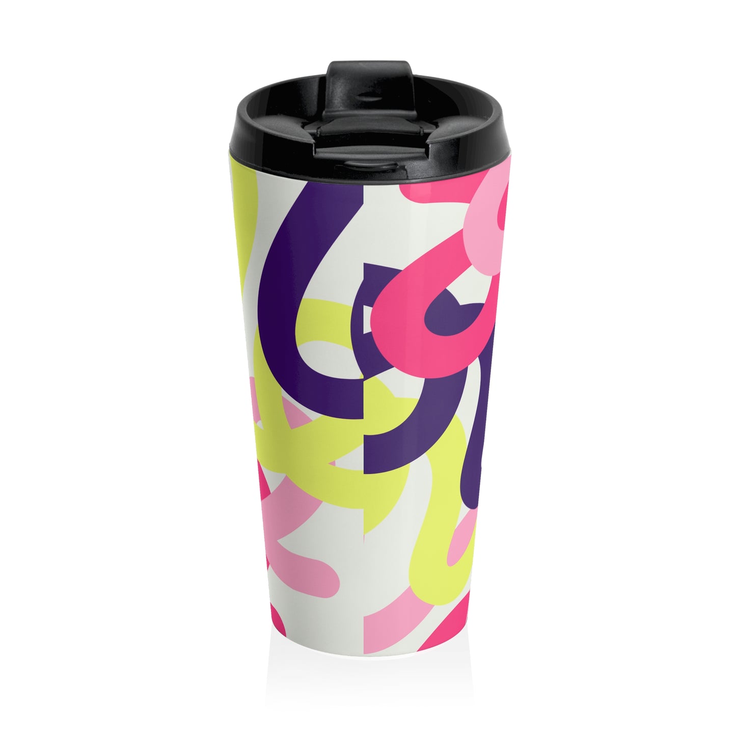 Abstract Retro Swirl Travel Mug — Pink, Purple & Neon Yellow Stainless Steel Tumbler