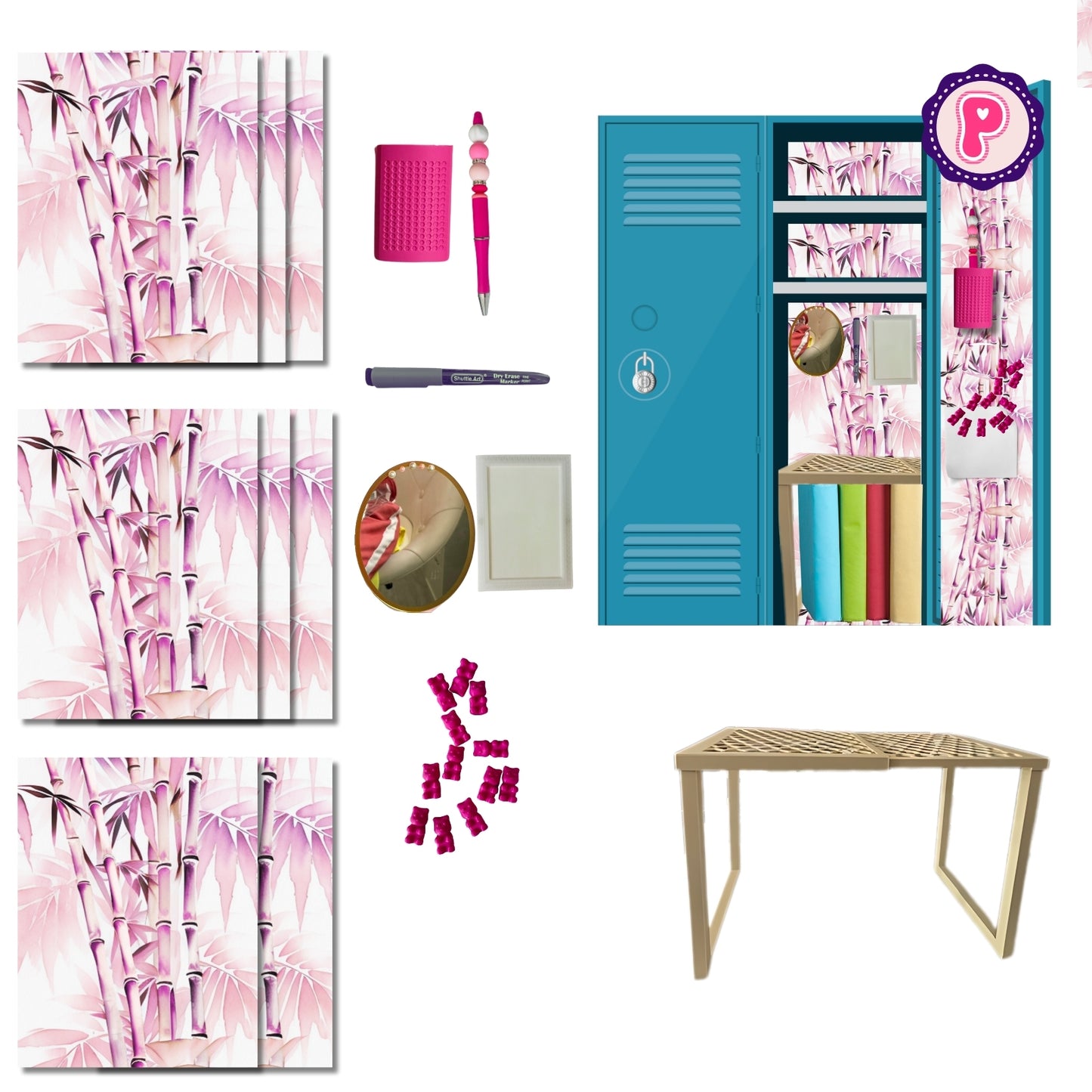 Locker Accessories Kit With Bamboo Leaves Magnetic Wallpaper And Matching Accessories Including Adjustable Shelf Magnetic Mirror Dry Erase Board With Market Magnets Pen Holder And Pen