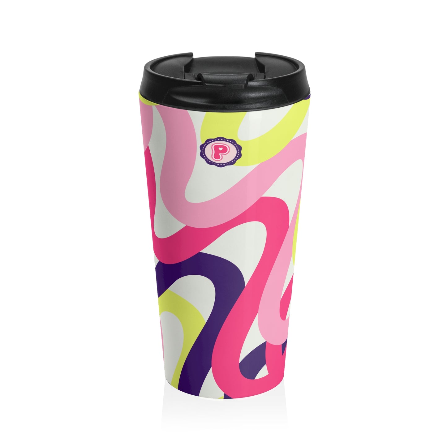 Abstract Retro Swirl Travel Mug — Pink, Purple & Neon Yellow Stainless Steel Tumbler