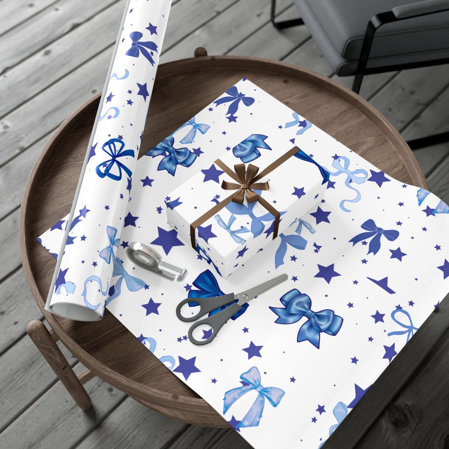 Blue Bow & Stars Gift Wrap Paper — Holiday Wrapping for Birthdays, Baby Showers & Christmas