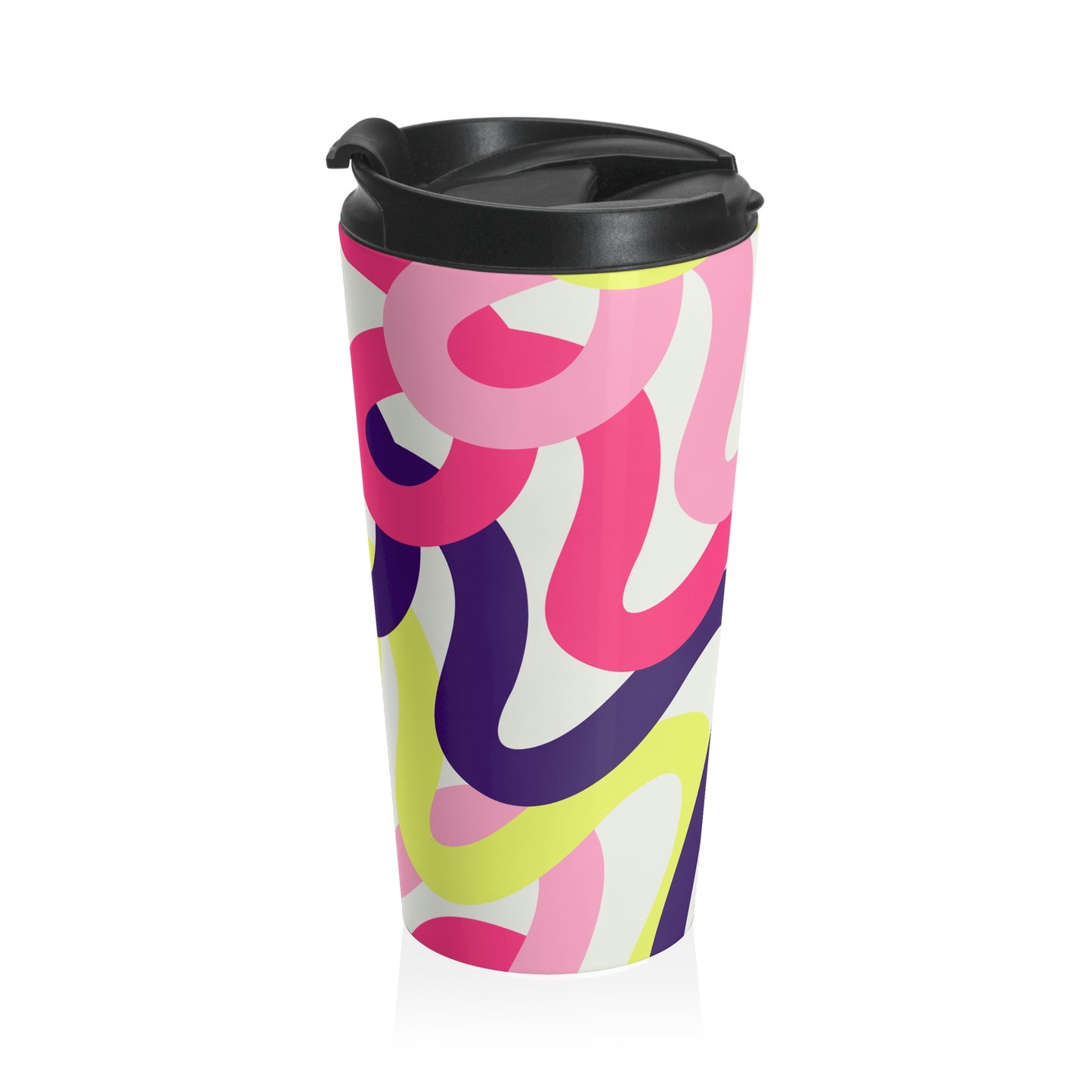 Abstract Retro Swirl Travel Mug — Pink, Purple & Neon Yellow Stainless Steel Tumbler