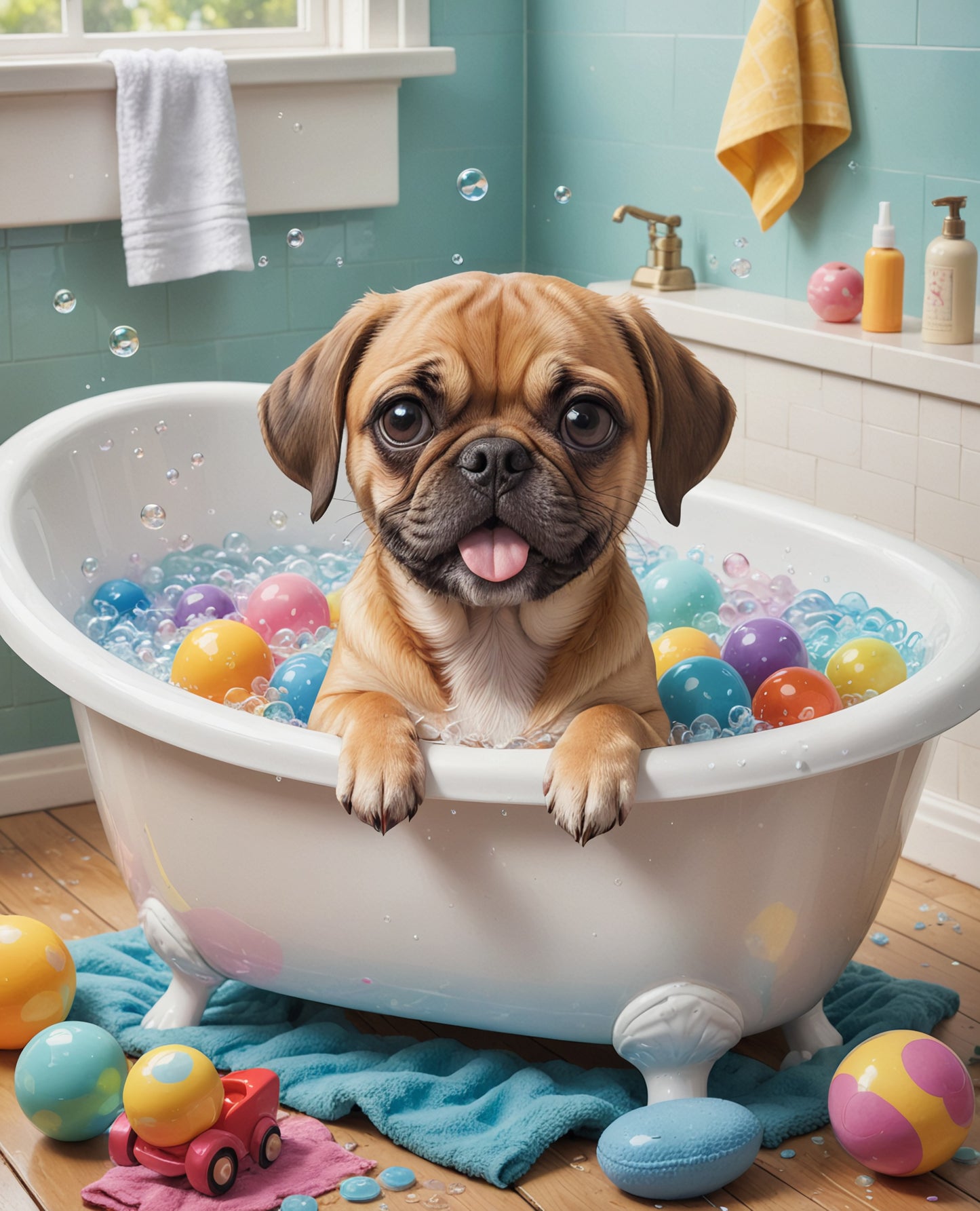 Puggle Dog In Bubble Bath Wall Art, Puggle Bathroom Art, Dog In a Bathtub Wall Art