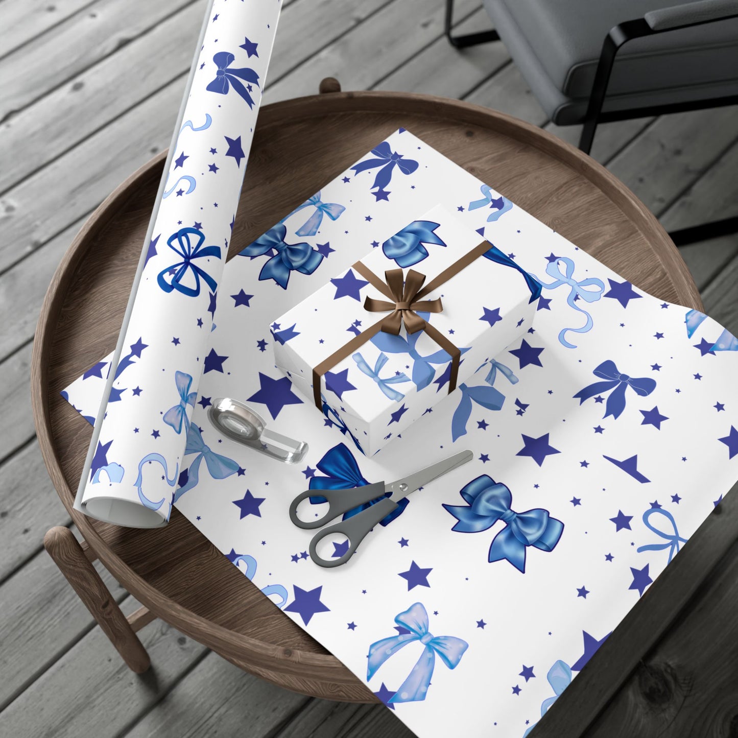 Blue Bow & Stars Gift Wrap Paper — Holiday Wrapping for Birthdays, Baby Showers & Christmas
