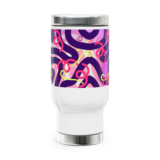 Abstract Pink Swirl Travel Mug — 14oz Stainless Steel Tumbler with Handle