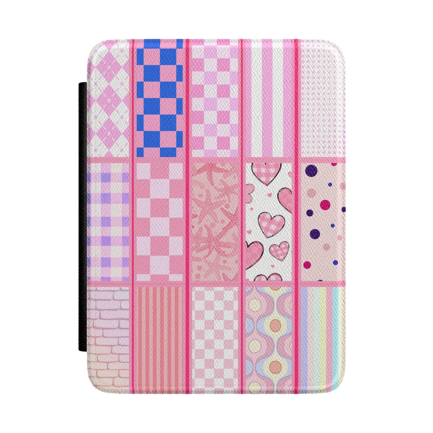 Patchwork Pink Kindle Case – Cute Heart & Checker Pattern E-Reader Cover