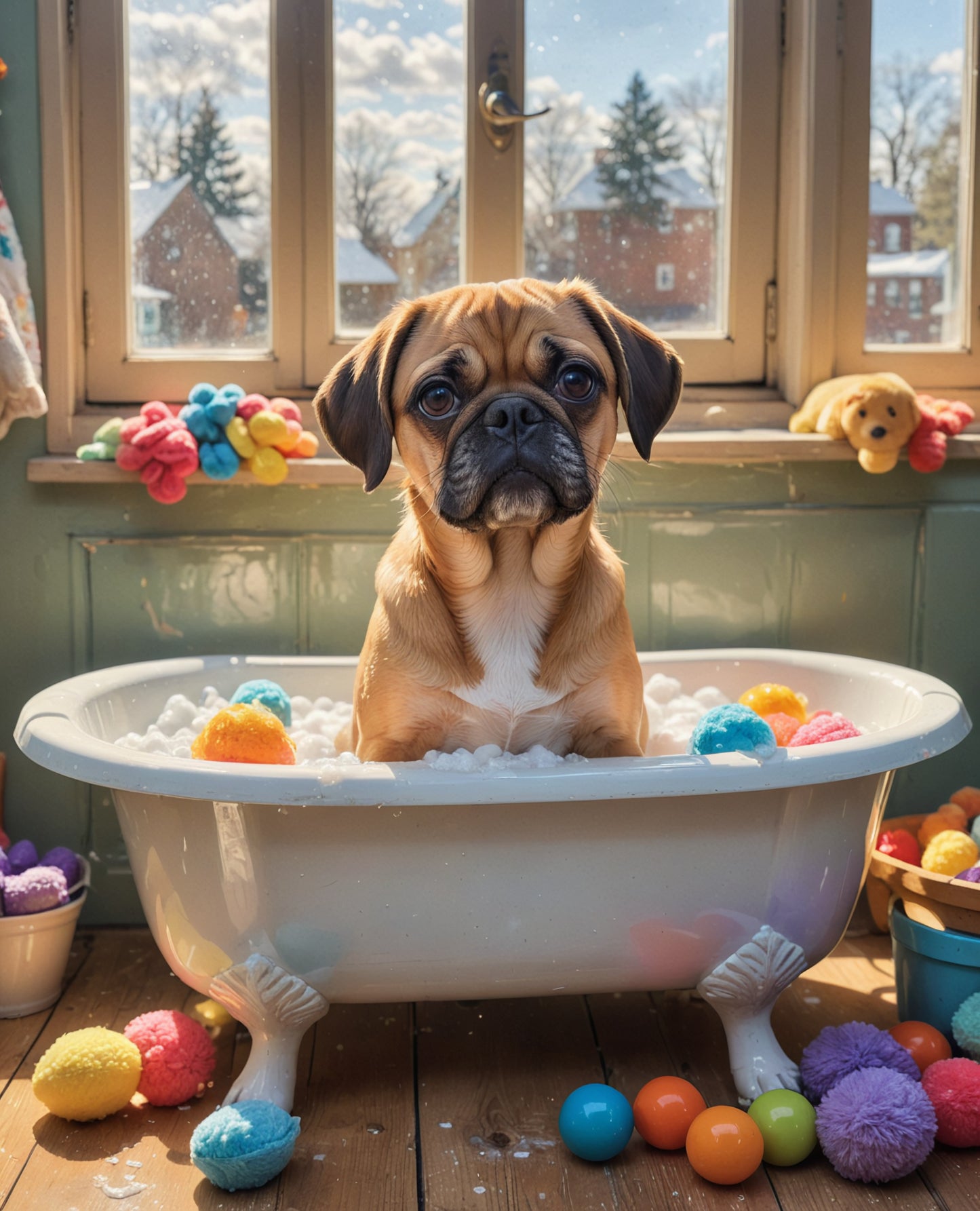 Puggle Dog In Bubble Bath Wall Art, Puggle Bathroom Art, Dog In a Bathtub Wall Art