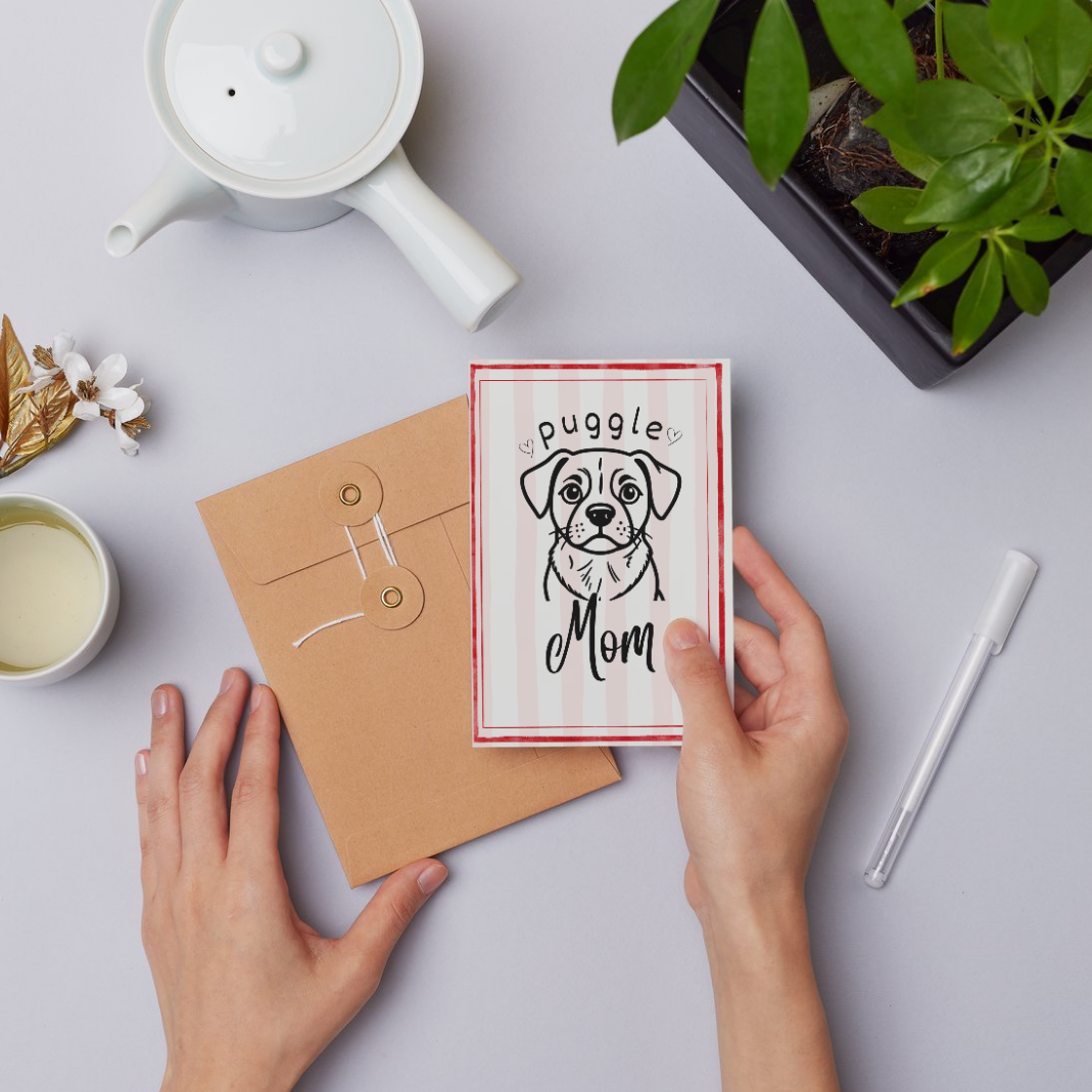 Blank Note Card - Puggle Mom, Wine or Frogs | With Envelope or Magnetic Frame