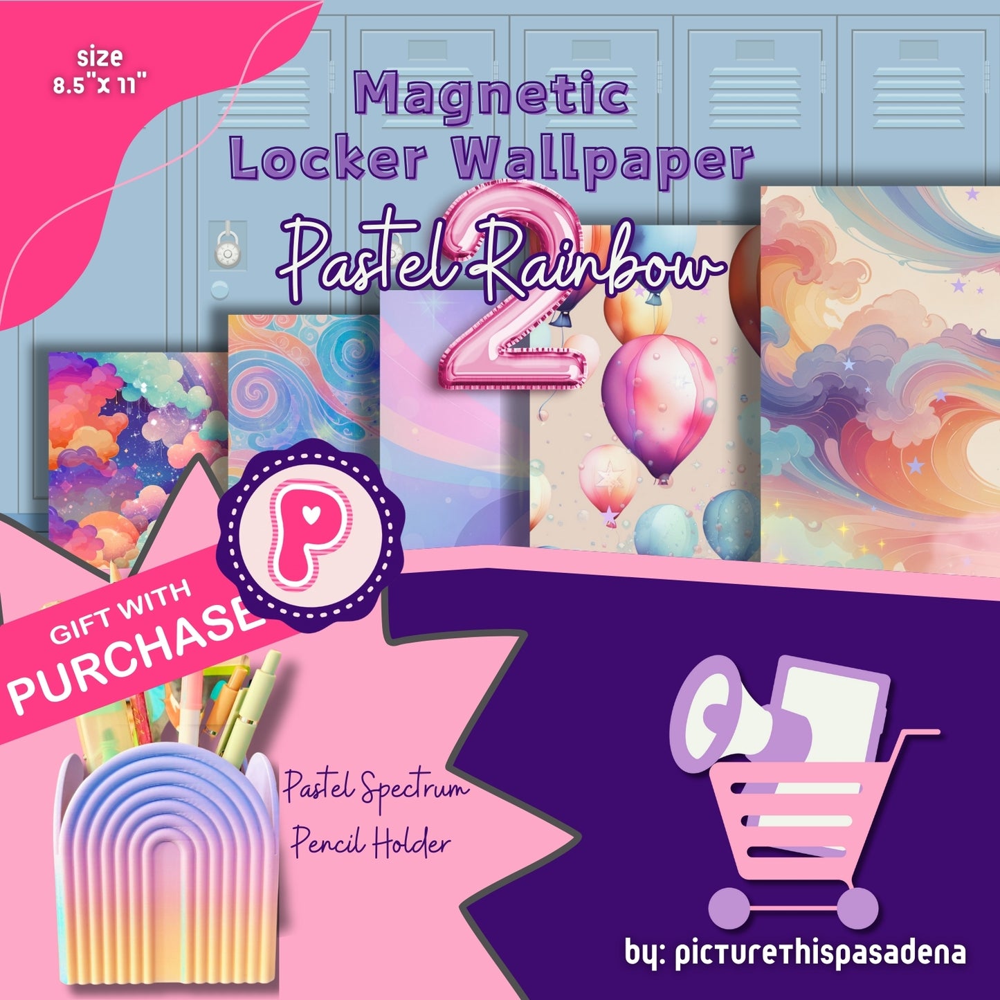 Magnetic Locker Wallpaper - Pastel Rainbow 2 - Includes Matching Pencil Cup