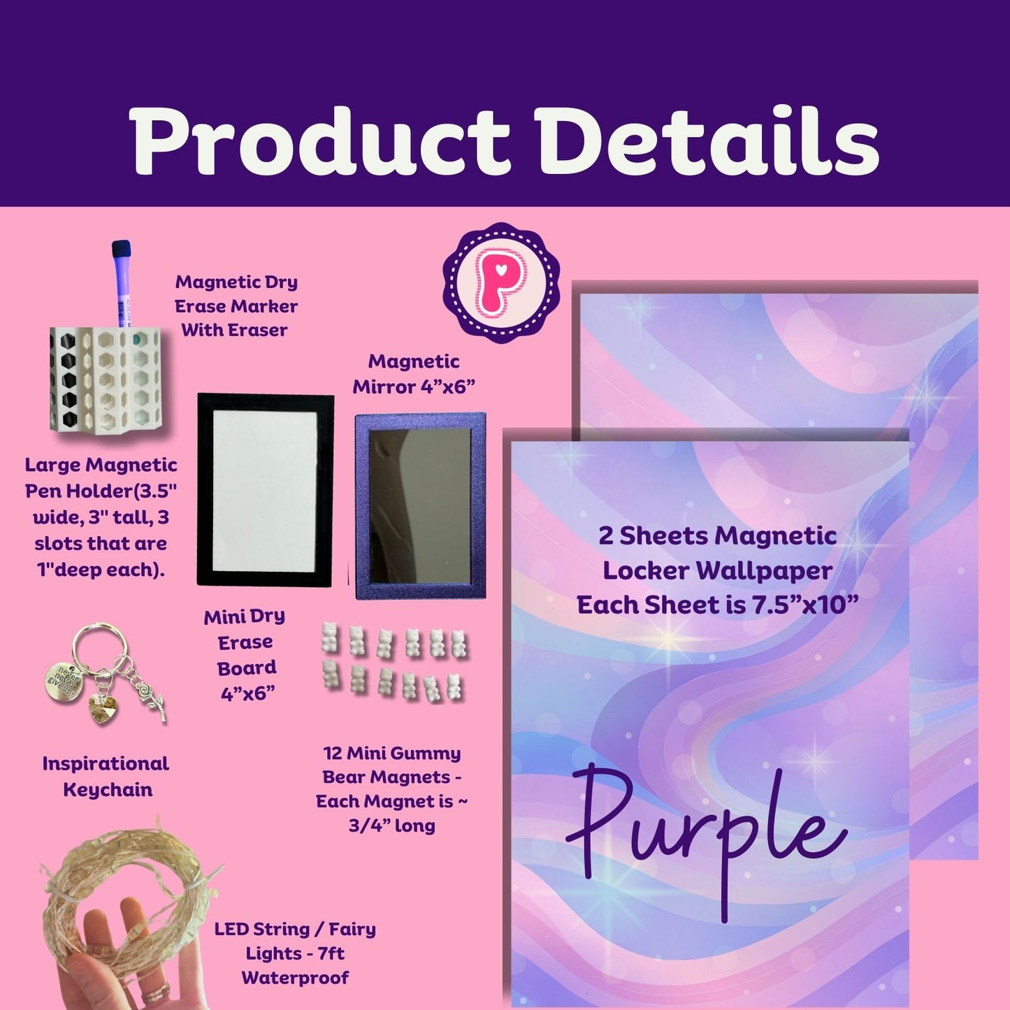 20 Pcs Locker Accessories Kits for Girls Magnetic Dry Erase Board Locker Mirror Magnetic Pen Holder Locker Magnets Wallpaper
Keychain Marker String Lights for School Essentials(Purple or Pink)