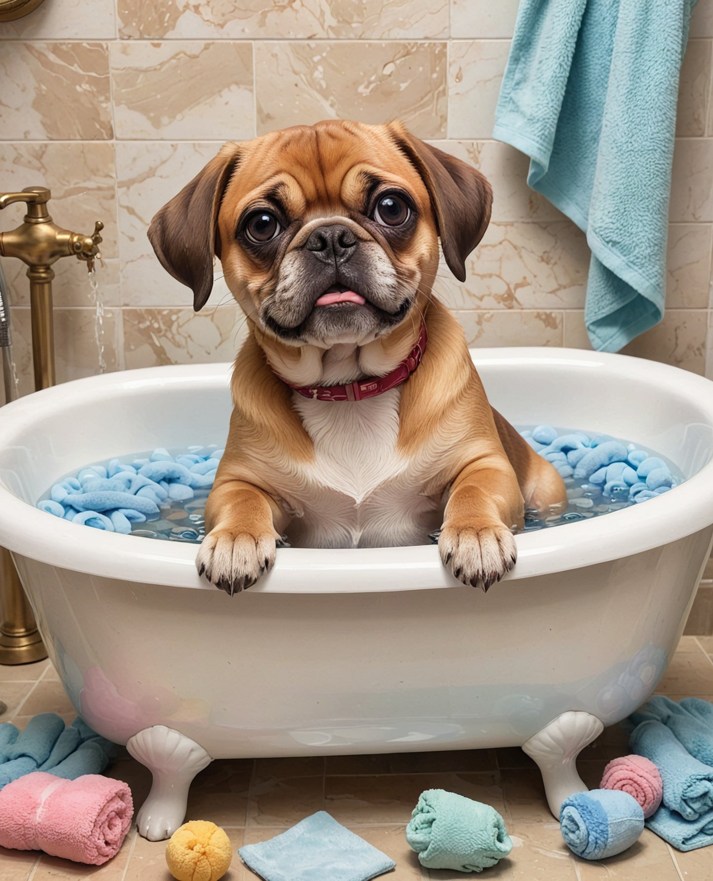 Puggle Dog In Bubble Bath Wall Art, Puggle Bathroom Art, Dog In a Bathtub Wall Art