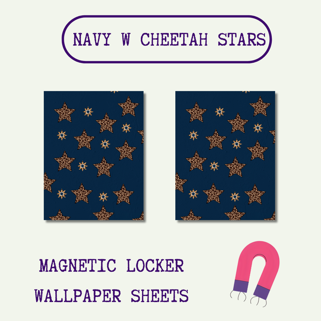 Magnetic Locker Wallpaper - Navy Blue Background with Cheetah Print Stars | 2 Sheets