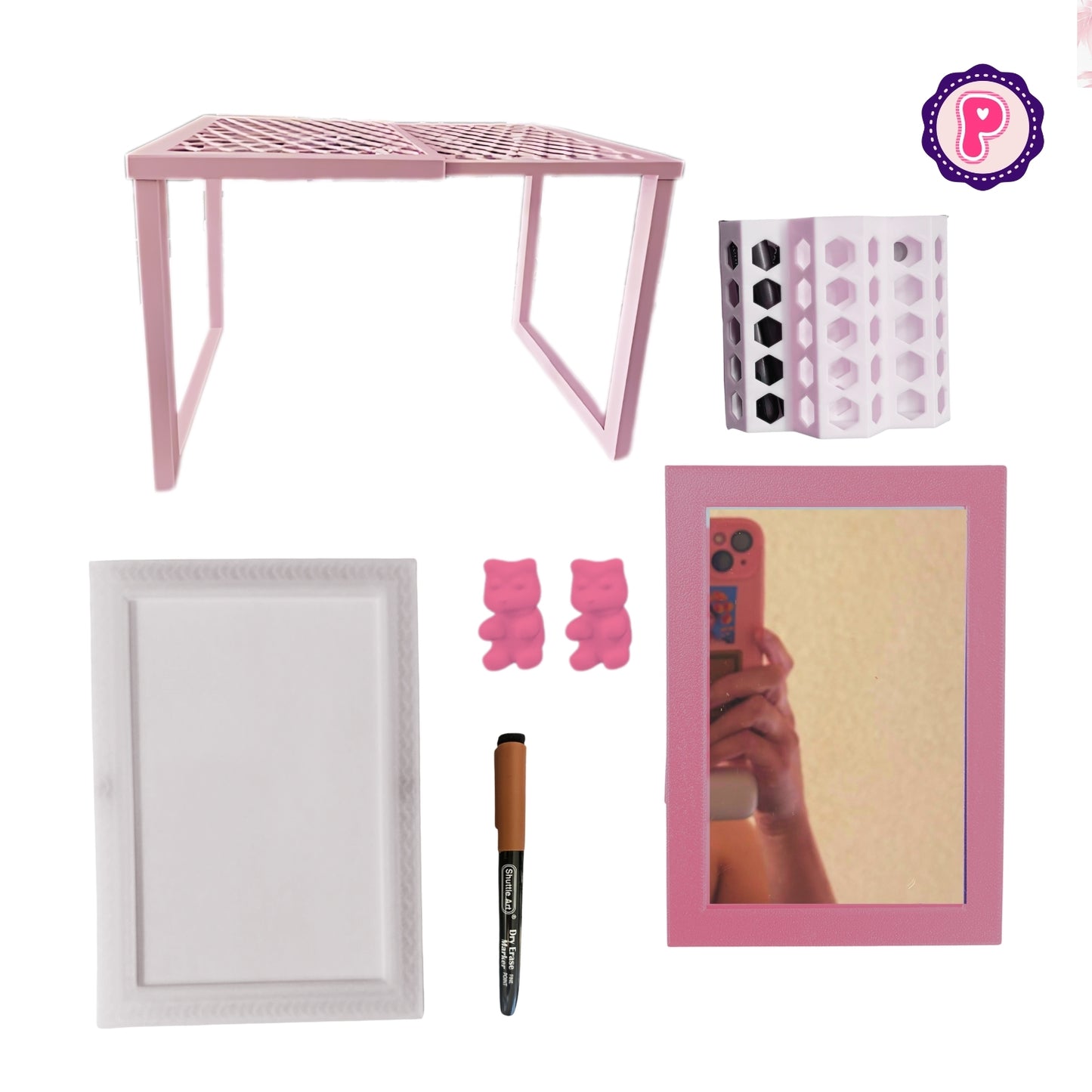 Pink Locker Accessories with Locker Shelf, Magnetic Mirror, Magnetic Pen Holder, Magnetic Small Dry Erase Board, Back to School Essentials, Locker Decorations, 7 Piece Locker Organization Set