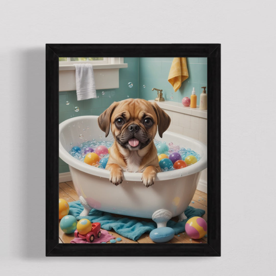 Puggle Dog In Bubble Bath Wall Art, Puggle Bathroom Art, Dog In a Bathtub Wall Art