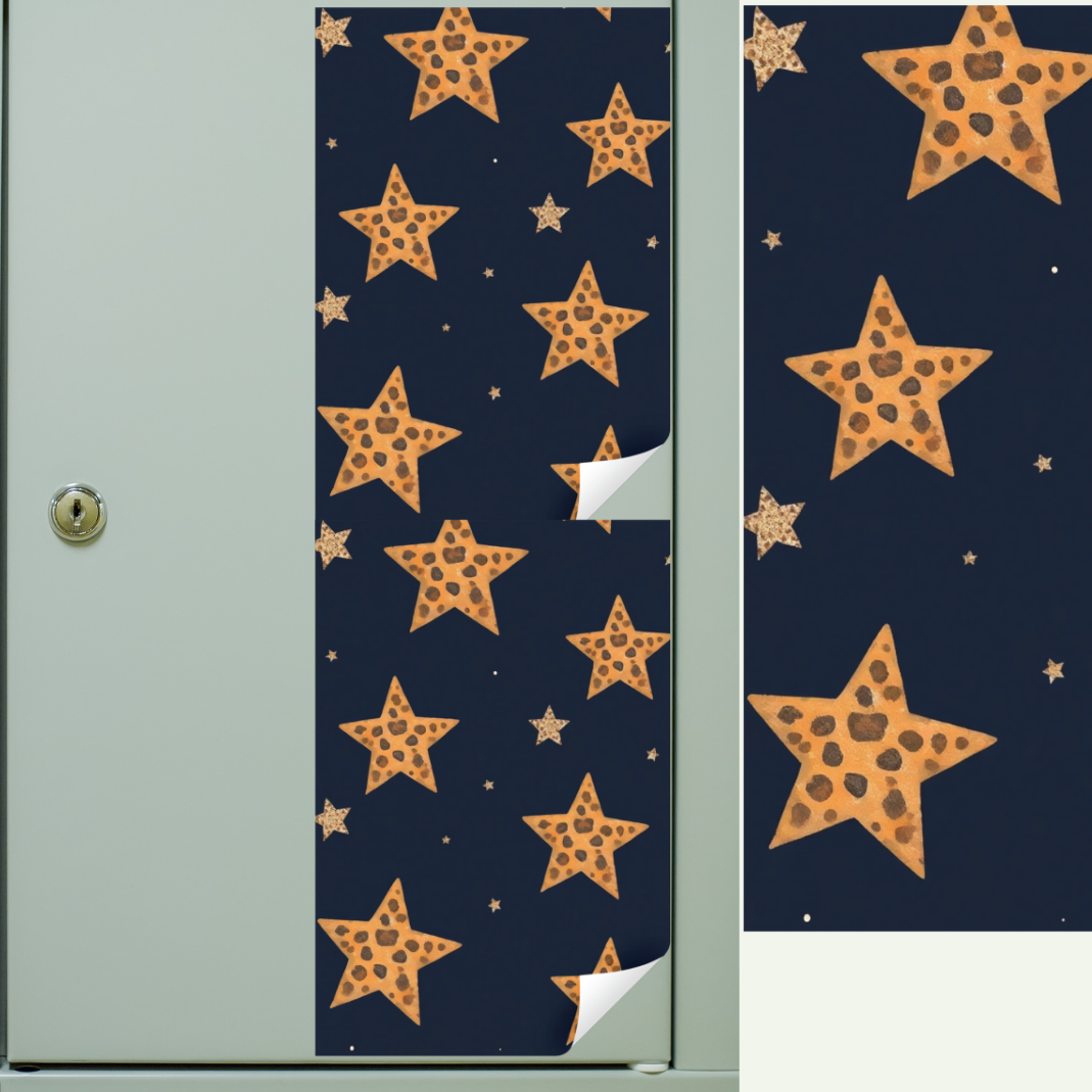 Magnetic Locker Wallpaper - Navy Blue Background with Cheetah Print Stars | 2 Sheets