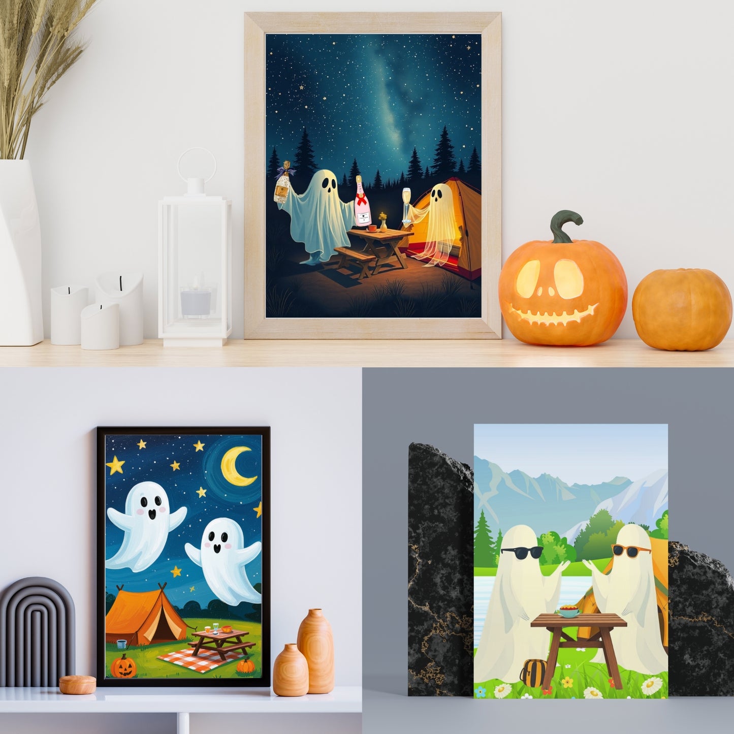 Cute Ghosts Halloween Art Prints Set of 3 Seasonal Wall Prints Kitchen Halloween Decor