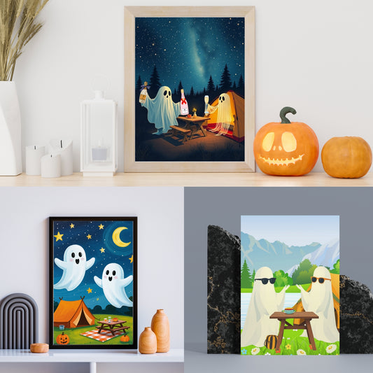Cute Ghosts Halloween Art Prints Set of 3 Seasonal Wall Prints Kitchen Halloween Decor