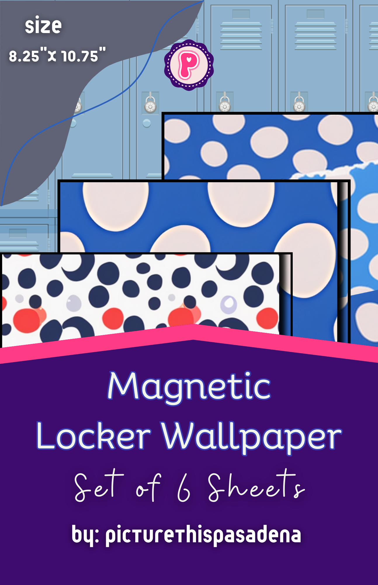 Magnetic Locker Wallpaper - Polka Dot - Blue Locker Wallpaper - Purple Locker Wallpaper