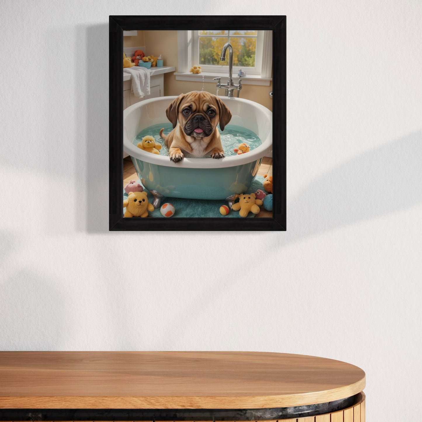 Puggle Dog In Bubble Bath Wall Art, Puggle Bathroom Art, Dog In a Bathtub Wall Art