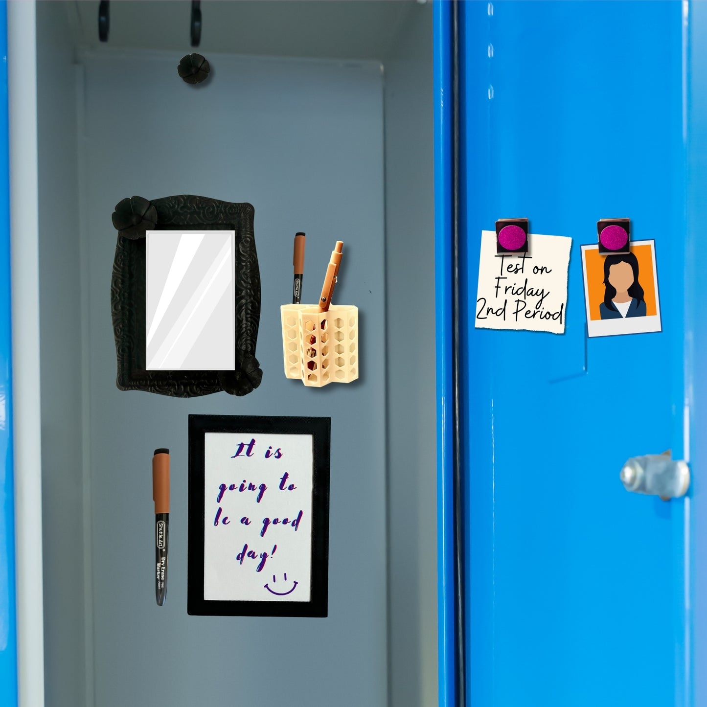 Magnetic Locker Accessories - Dry Erase Board, Locker Mirror, Magnetic Pen Holder, Locker Decorations for School, Locker, Back to School Essentials - Pink, White or Black